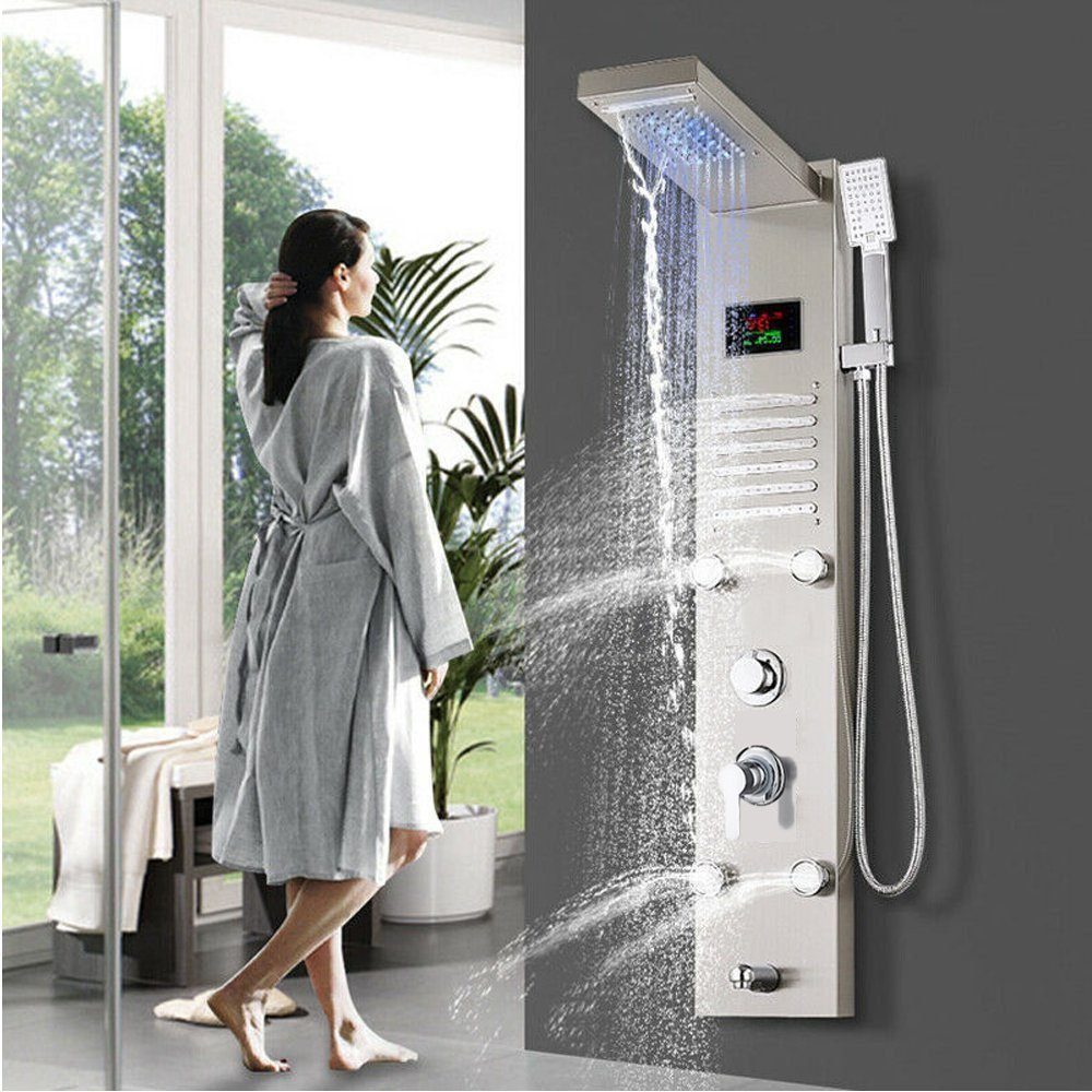 XERSEK Duschsystem Edelstahl Duschpaneel 6in1 inkl Tropenbrause, Massagedüsen, Handbrause, 8 Strahlart(en), Duschsäule Duscharmatur mit 4 Massagedüsen, Nickel Gebürstet Duschsystem, 1,5 Meter Schlauch