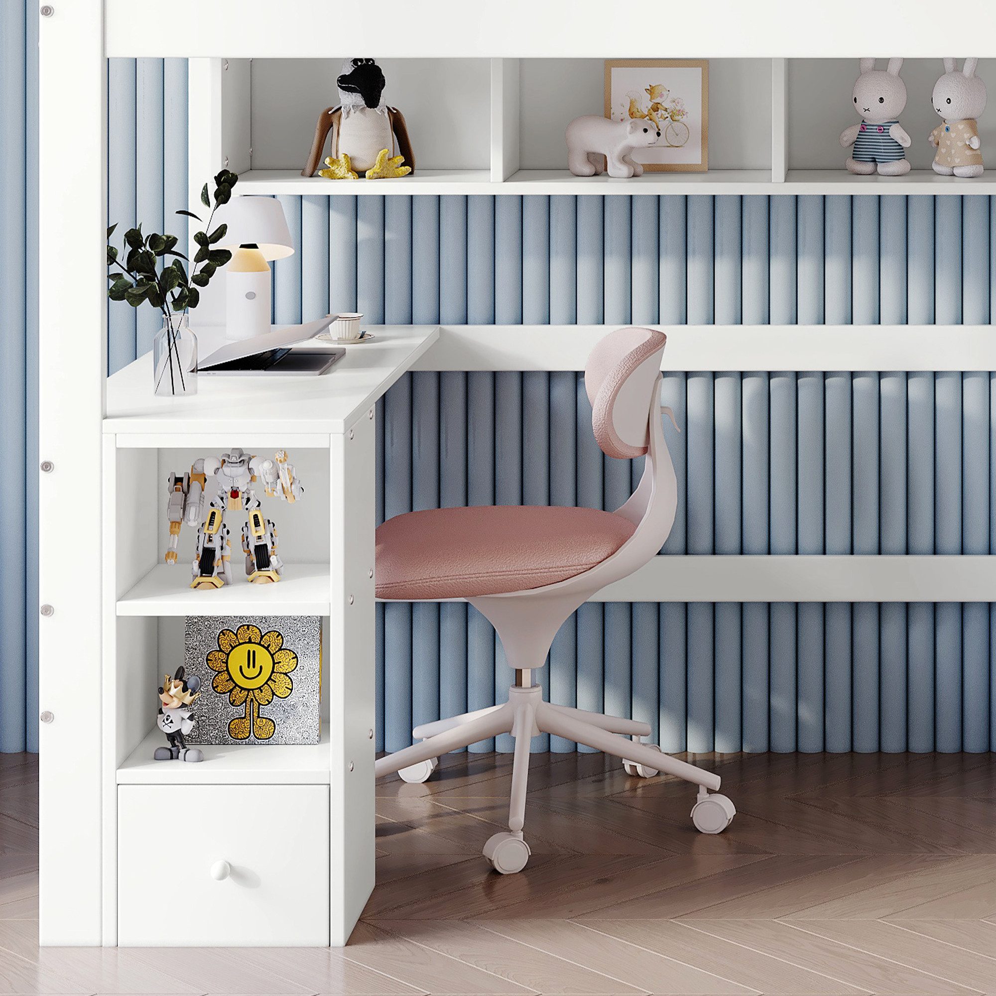 Merax Hochbett 90x200cm mit Rausfallschutz und Leiter Kinderbett mit Schreibtisch, Kleiderschrank und offenen Regale – Bild 5 von 5