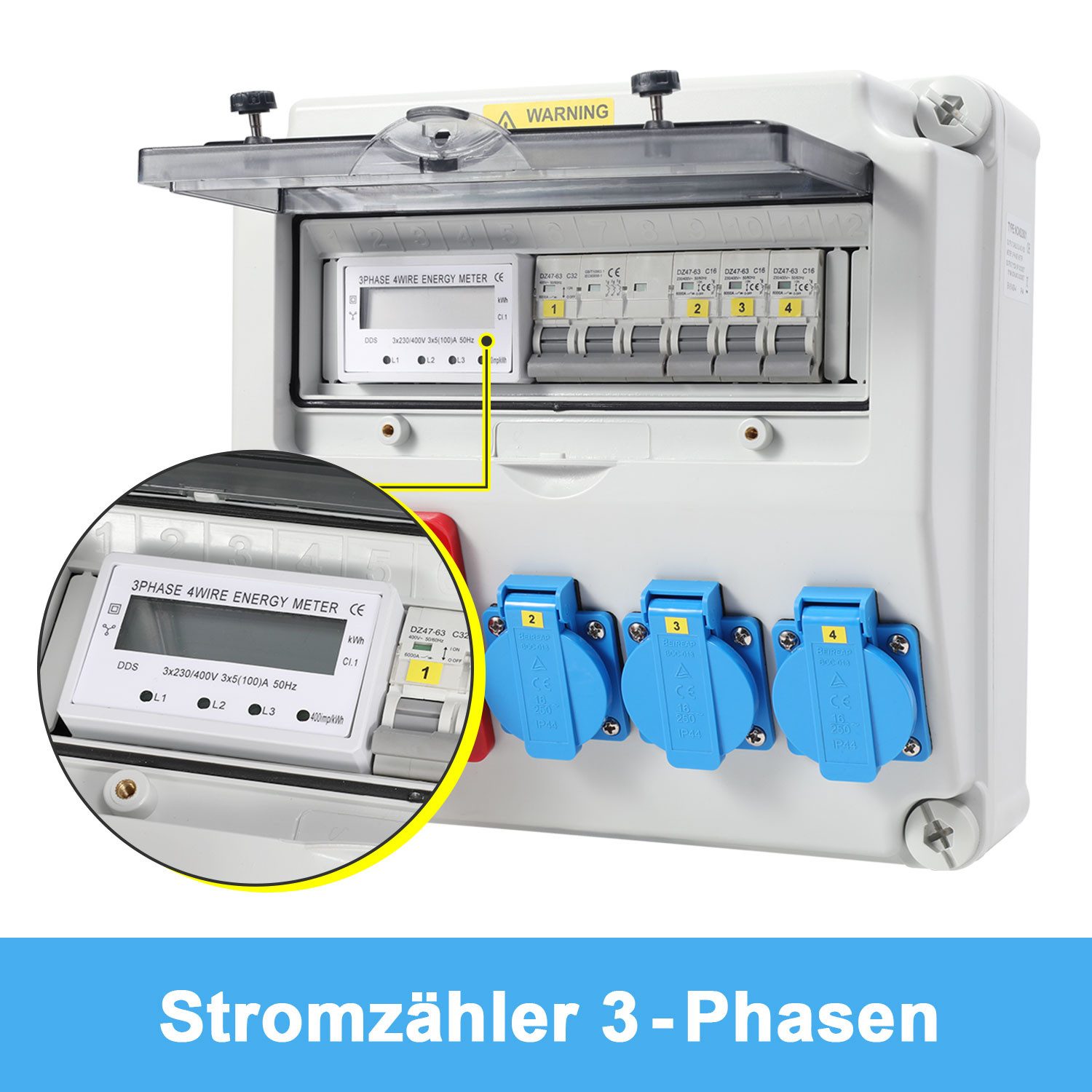 Clanmacy Stromverteiler Wandverteiler 1X32A 3x230V mit Stromzähler 3-Phasen Baustromverteiler