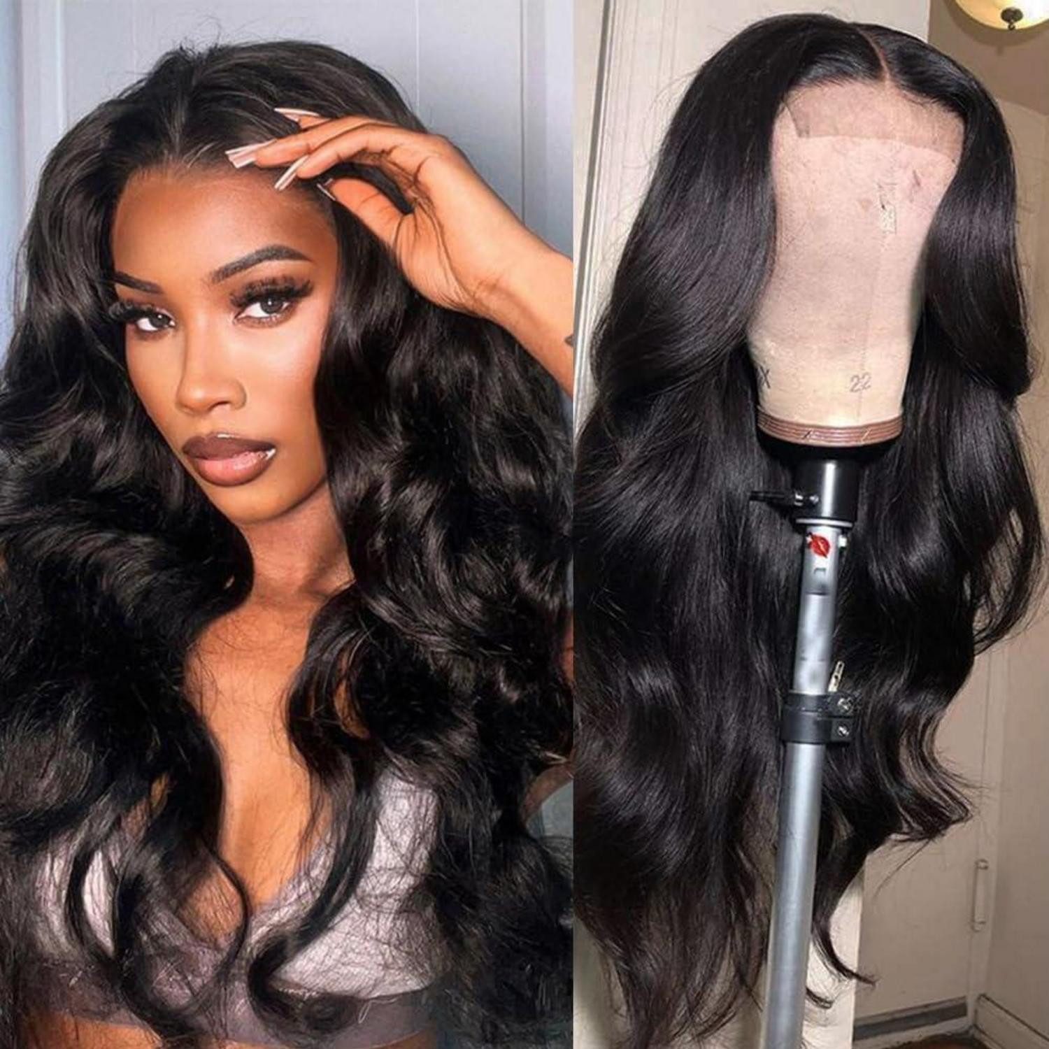 LuxusKollektion Echthaarperücke Perücke Lace Front Echthaar 4x4 BodyWave 180 55 cm Natuarl Schwarz