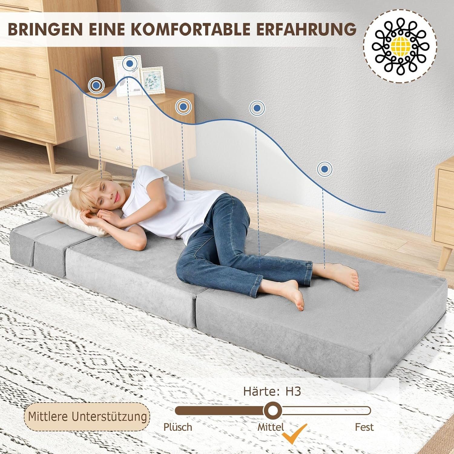 Sofa aus 3 klappbares Schaumstoff in 1 Sofabett, KOMFOTTEU Bodensofa, grau