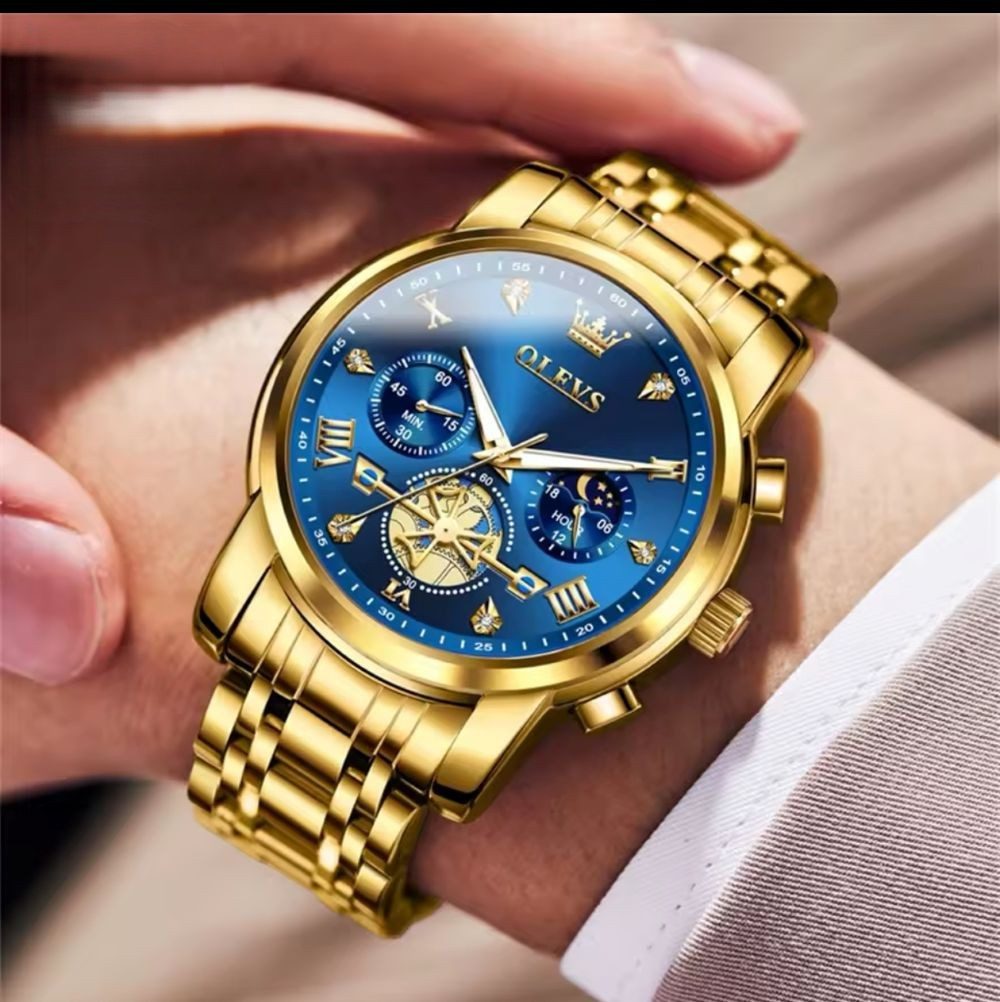OLEVS Quarzuhr Herrenuhr Olevs Chronograph – Luxuriöses Blau-Gold Design