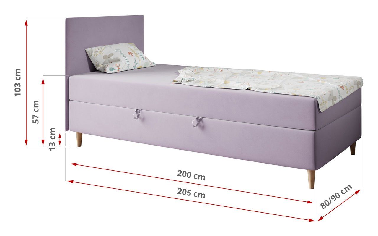 MÖBEL Violett 90x200, und Kinderzimmer Einzelbett MKS 1, ZUZA Polsterbett - für Jugendzimmer Kinderbett