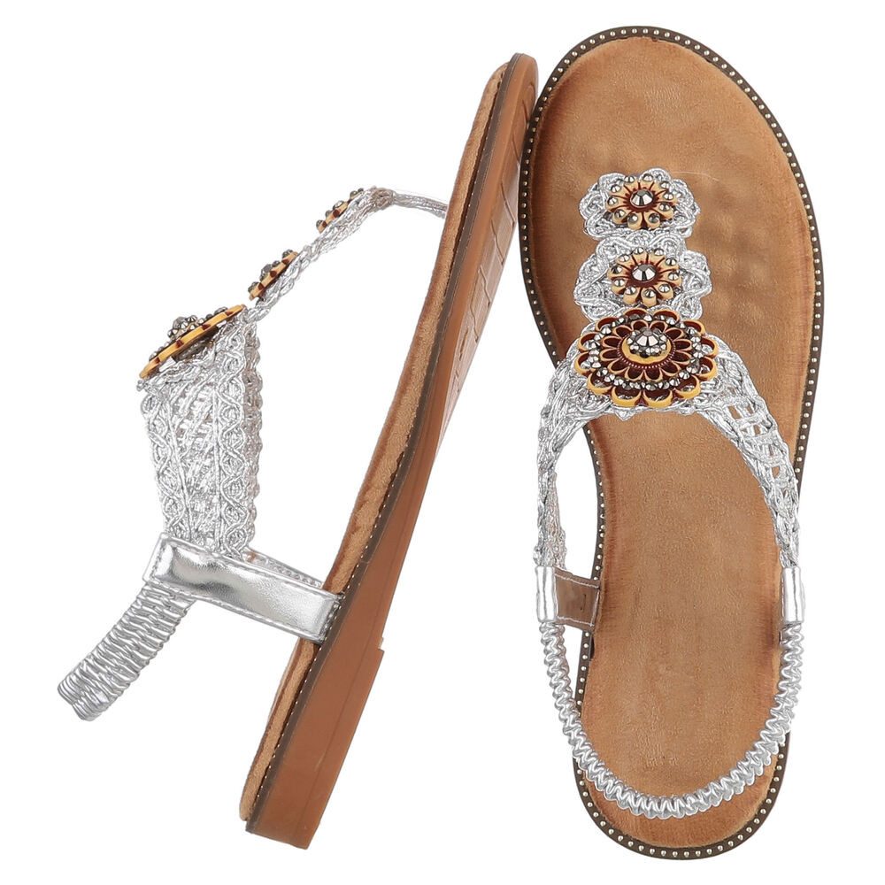 Ital-Design Damen Boho Zehentrenner Sandale mit Schmuckdetails Zehentrenner (91971220) Blockabsatz Riemchensandalen in Silber