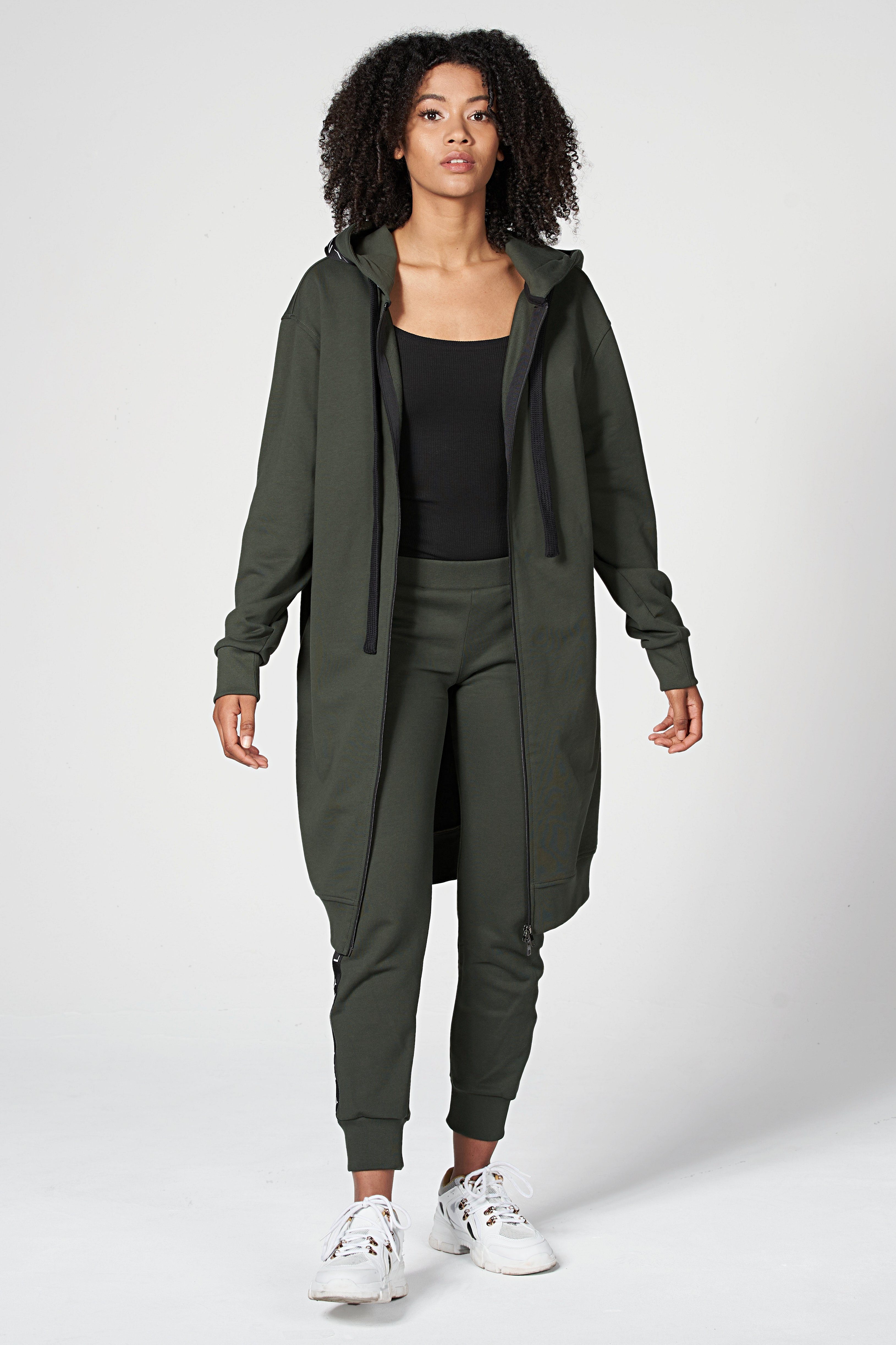 ILAY Lit Kapuzensweatjacke Midi Coat-Olive-Lässiger Hoodiemantel im Urban Style Labelband am Rücken
