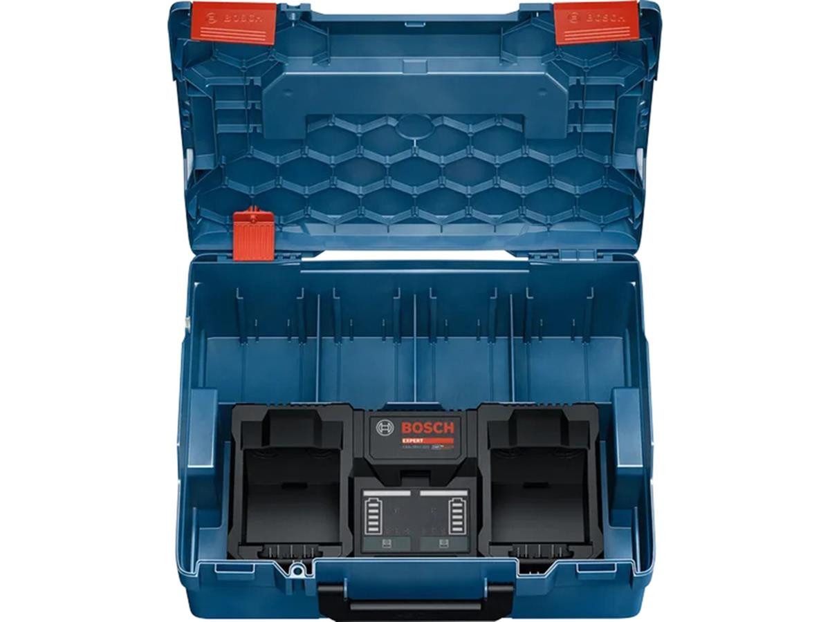 BOSCH Doppel EXPERT EXAL 18V2-320 Ladestation (Ladegerät-Set mit L-BOXX, Doppelladegerät inkl. L-BOXX, ohne Akkus, Ultraschnelles 16-A-Parallelladen, Kühlung und 3 Lademodi)