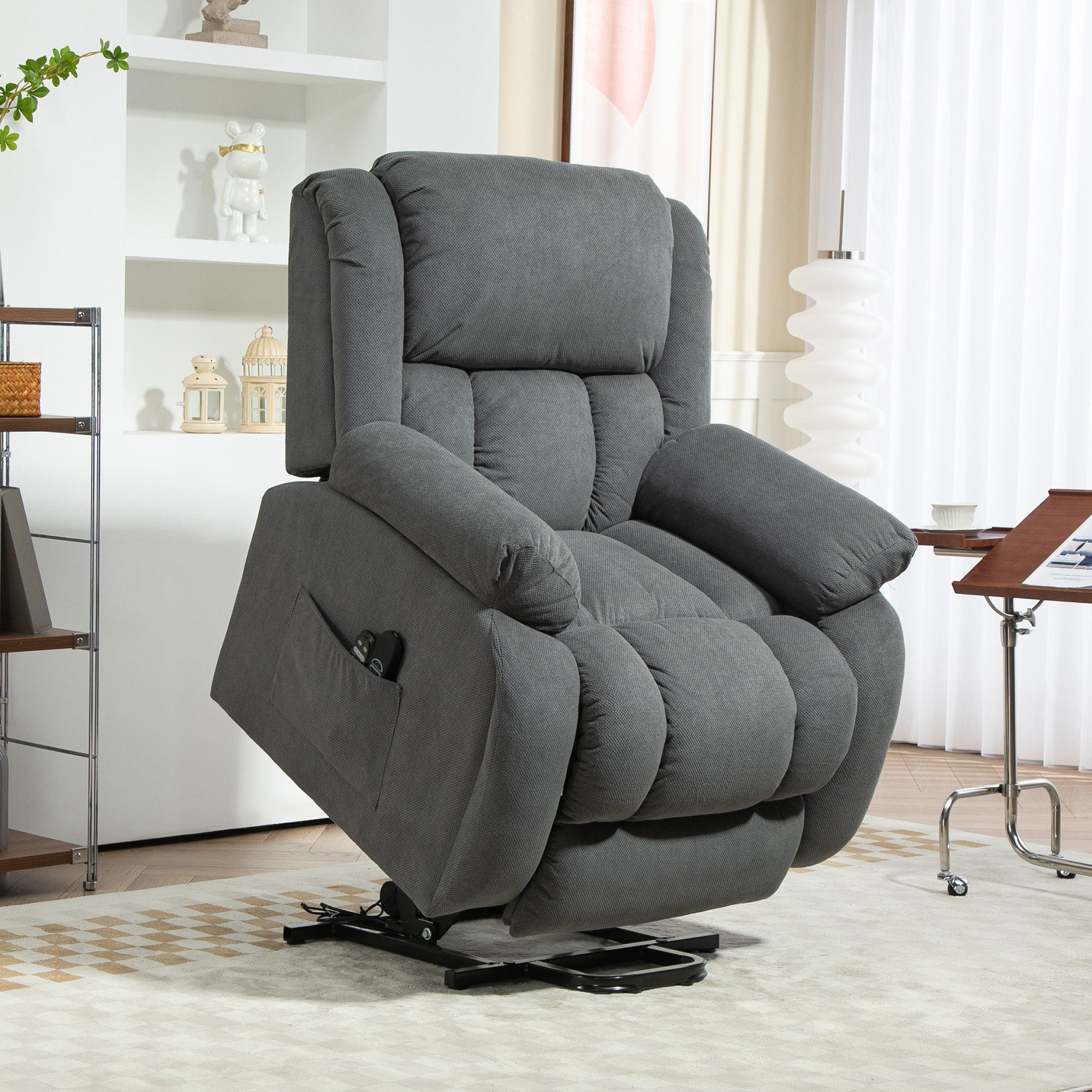 HOMCOM Relaxsessel mit Liegefunktion, Massagefunktion, USB-Abschluss (TV-Sessel mit Heizfunktion, 1-St., Fernsehsessel mit Aufstehhilfe Elektrisch), mit Fernbedienung und Seitentasche, Grau