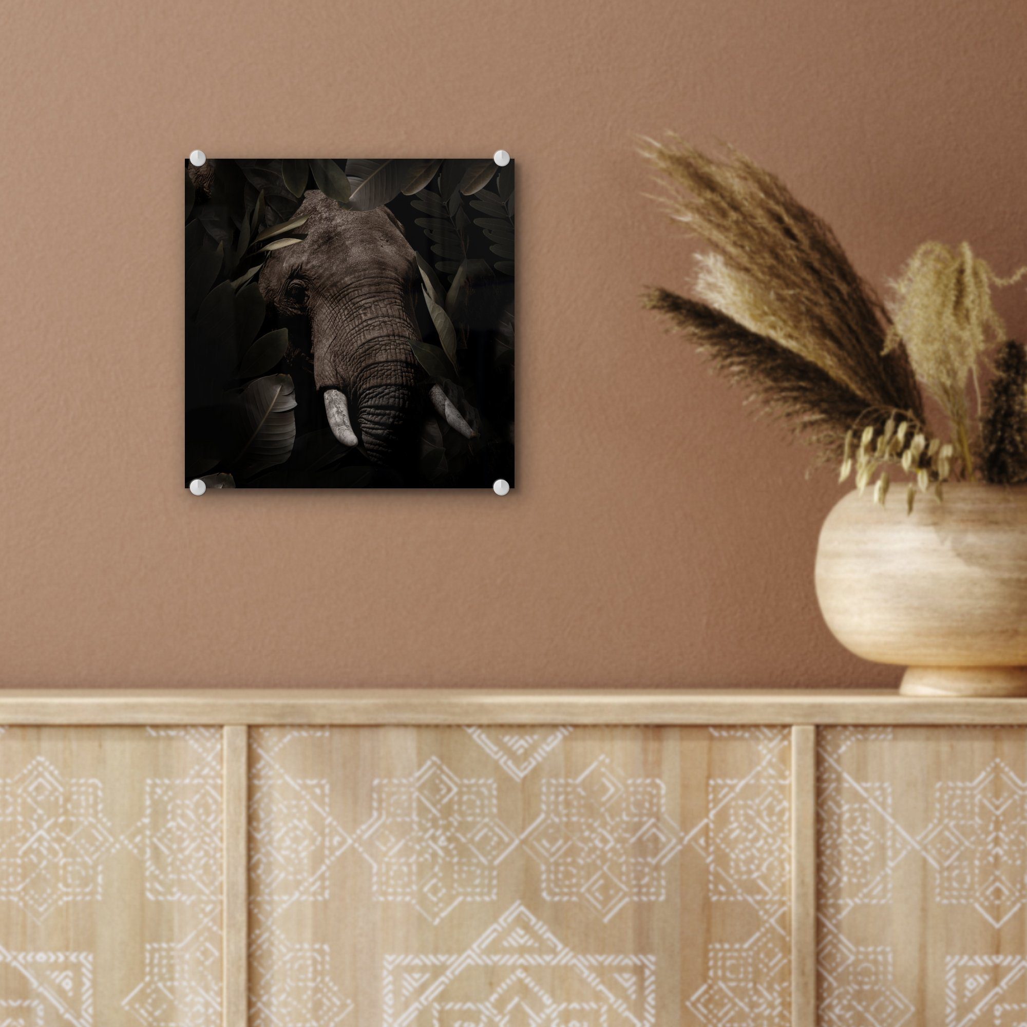 auf Bilder Botanisch, Blätter - Glasbilder - Elefant (1 Glas Glas Tiere - Acrylglasbild auf - St), - Foto - Wanddekoration Wandbild MuchoWow