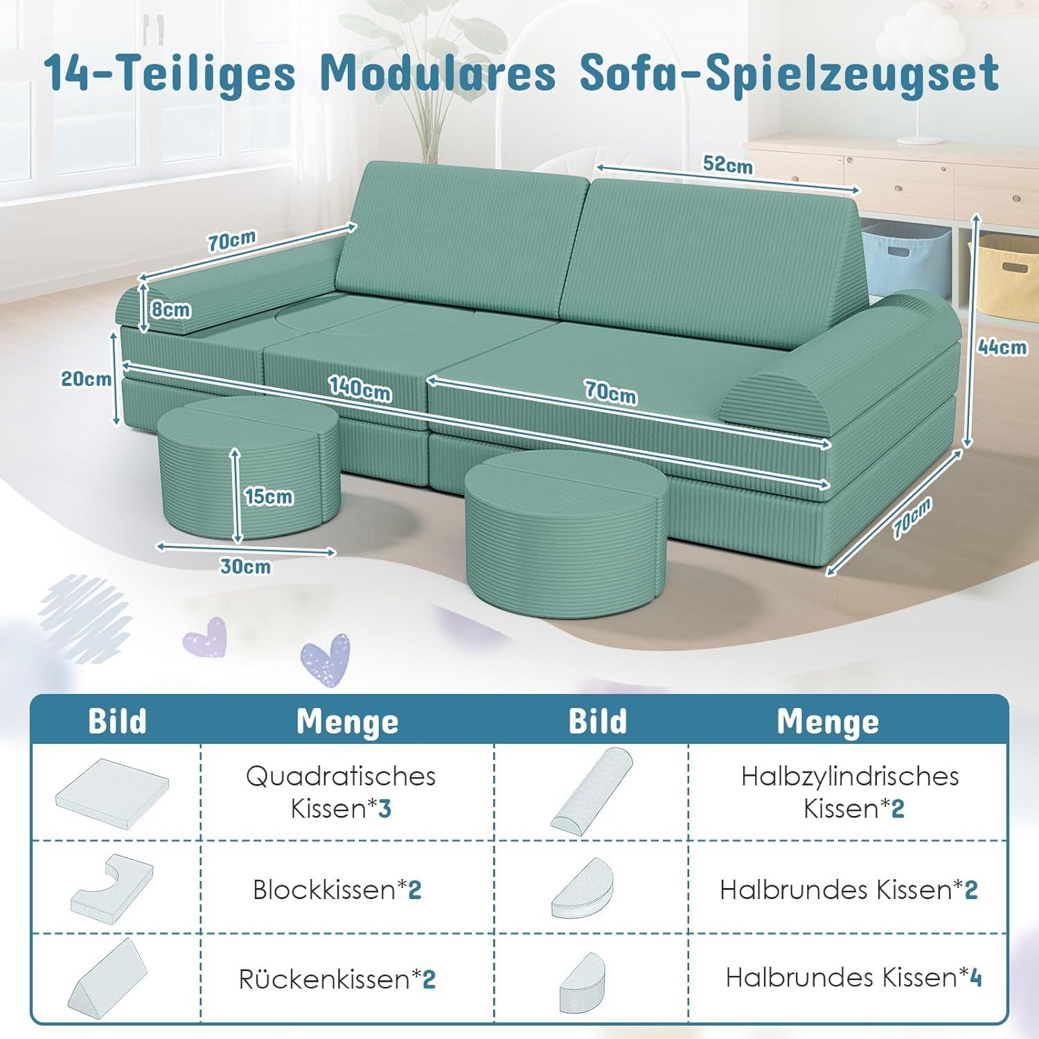 TLGREEN Kindersofa Spielsofa Cord, 14-Teiliges Modulare Kinderspielcouch, K günstig online kaufen