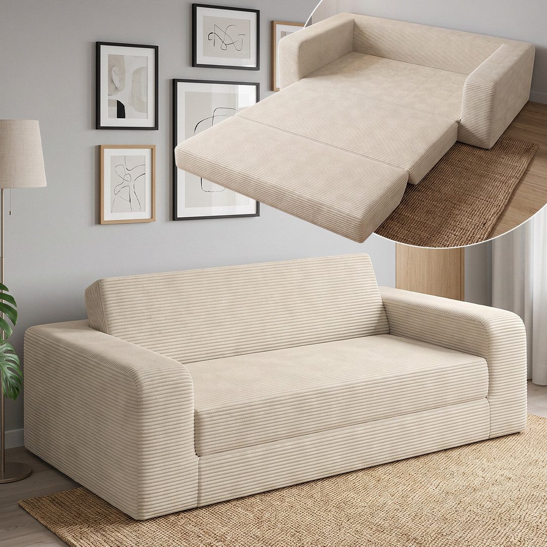 skølm Schlafsofa Laga aus Cord, Sofa 2 Sitzer mit Armlehnen, als Gästebett nutzbar, Beige, ausklappbare Schlafcouch 186x135 cm, vakuumiert – ohne Aufbau