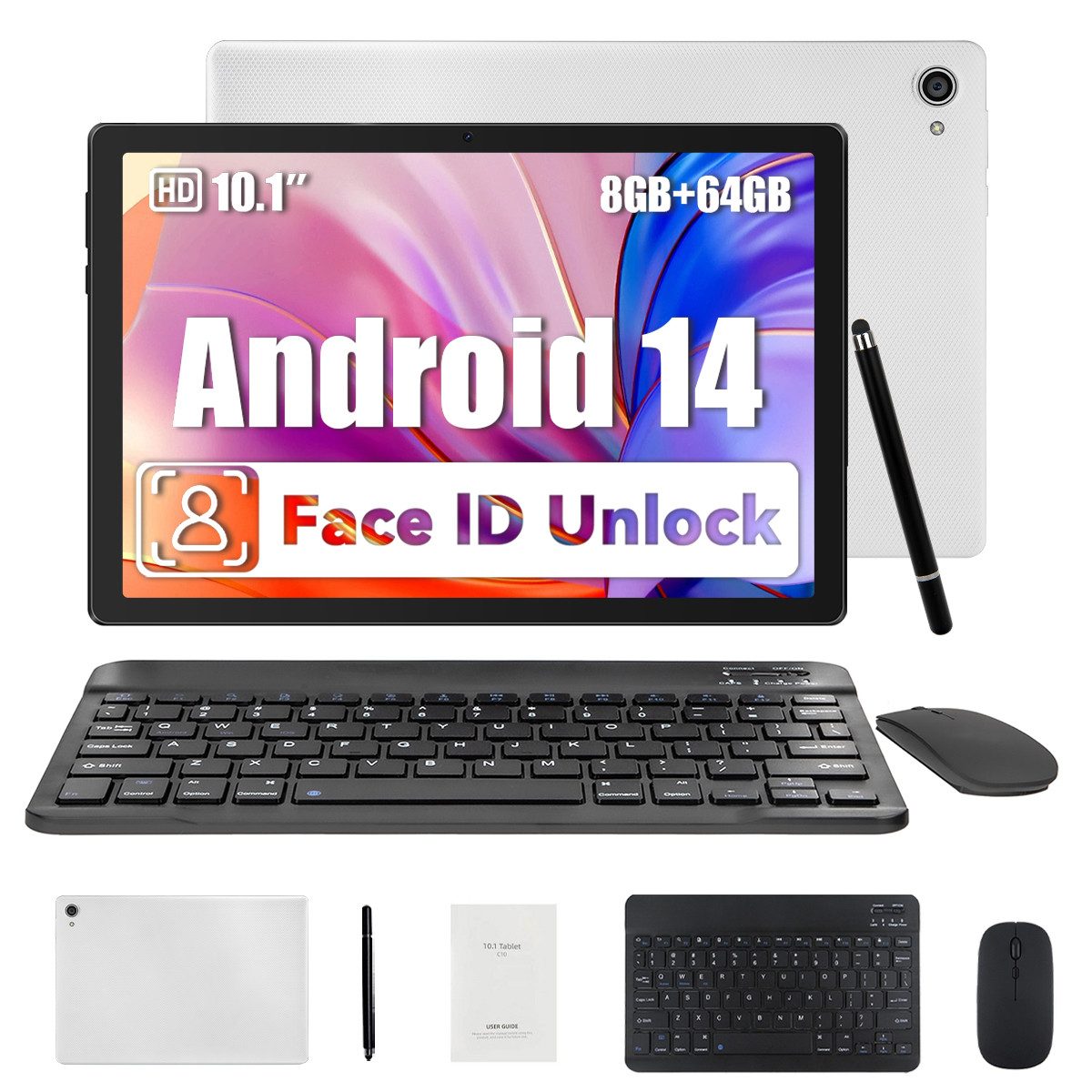 BUFO 10,1 Zoll 64GB erweiterbar auf 1TB mit Maus, Tastatur und Stylus Tablet (10", 64 GB, Android 14, 2,4G/5G WiFi, Android 14, 5000mAh, Gesichtsentsperrung, 1280x800 HD IPS)