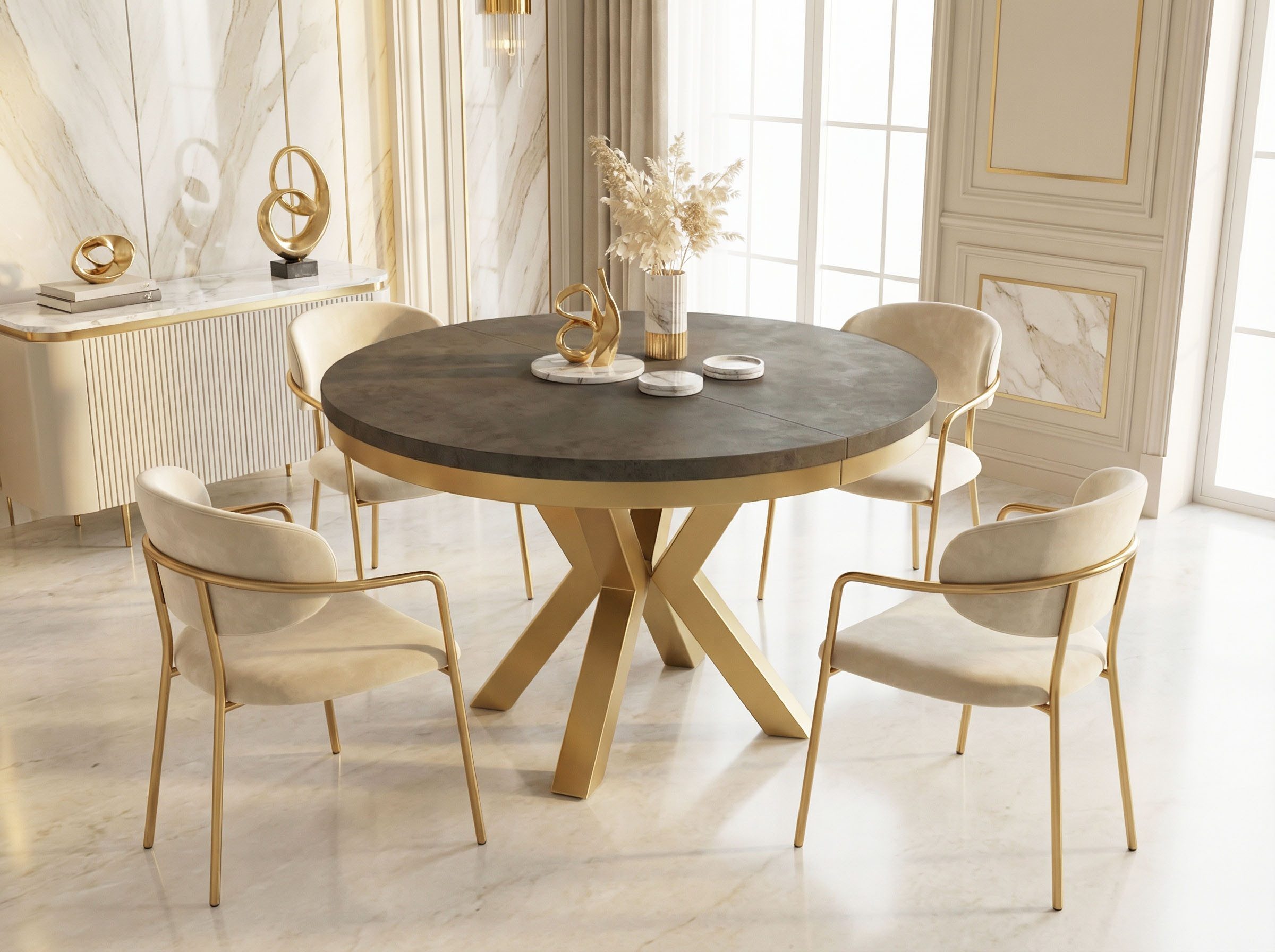 WFL GROUP Esstisch Clara Gold im Loft-Stil rund ausziehbar mit goldenen Metallbeinen (MADE IN EU, erhältlich in zwei Größen – 100/120 cm, ausziehbar auf 180/200 cm), platzsparender Industrial Tisch in Holzoptik für Wohnzimmer oder Küche