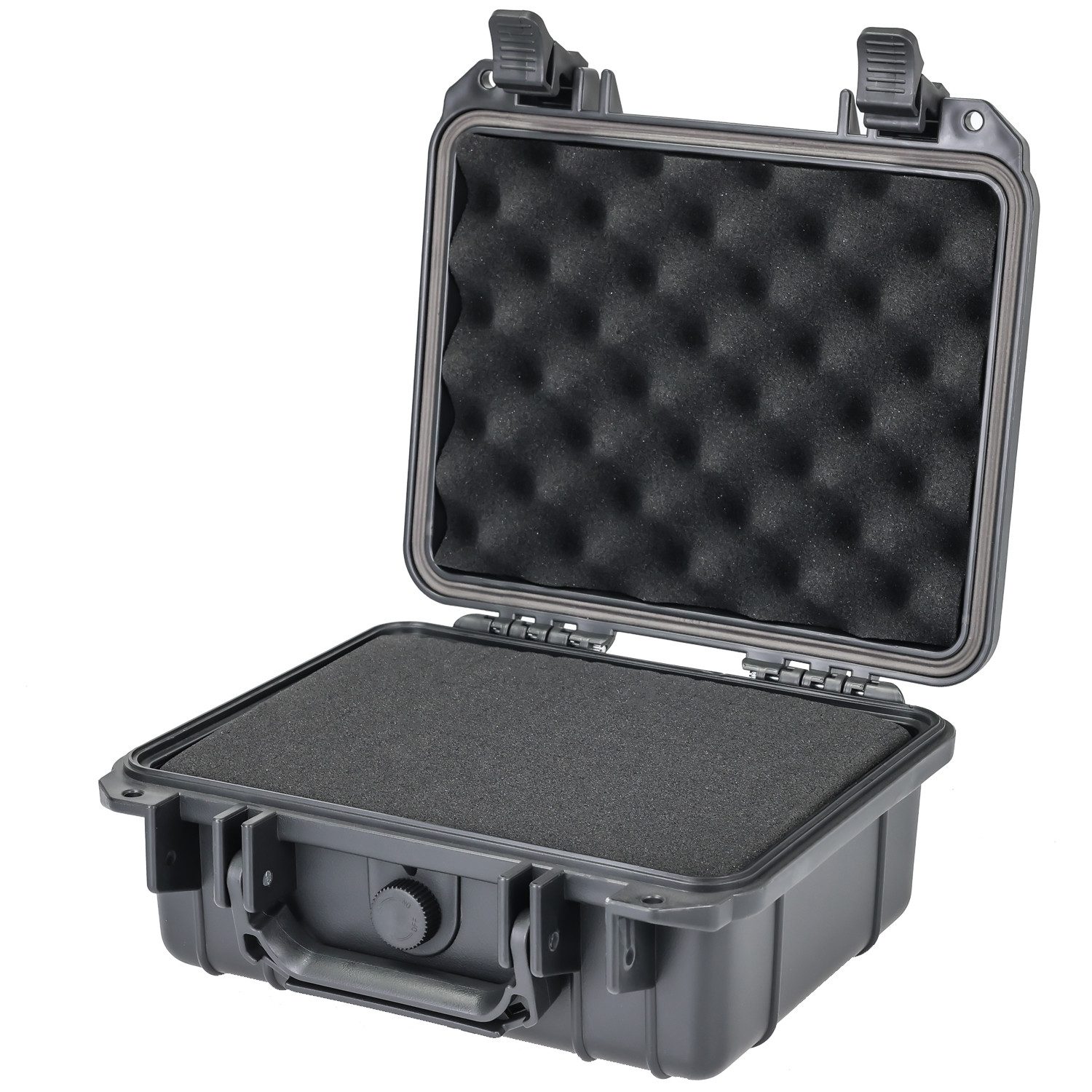 HMF Werkzeugkoffer ODK100 Outdoorkoffer mit Druckausgleichsventil und Rasterschaumstoff, Outdoor-Koffer wasserdicht und staubdicht, 27 x 24,5 x 13 cm, schwarz
