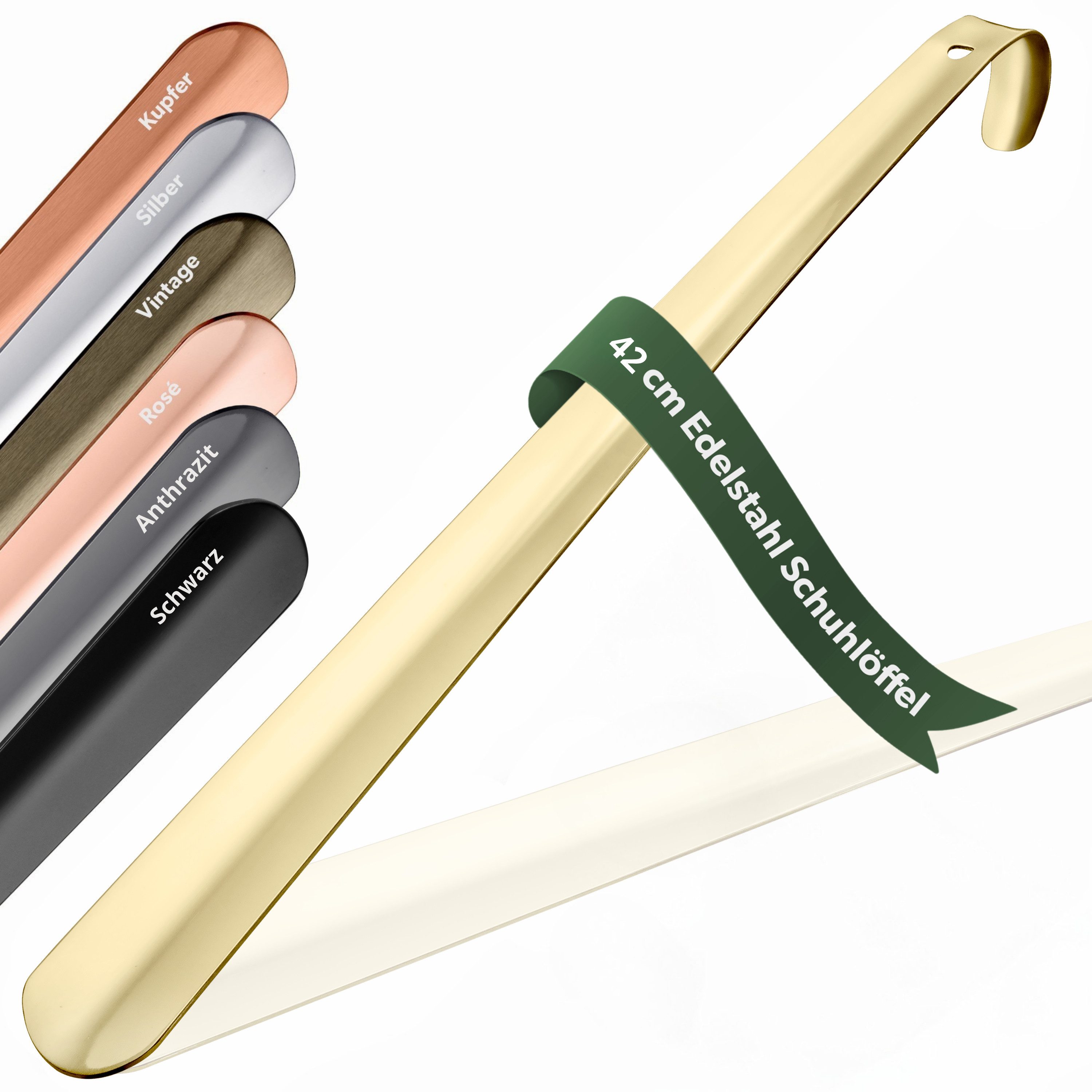 JK Trade Schuhlöffel 42cm Edelstahl Gold poliert (1-tlg., lang & stabil), Metall Schuhanzieher lang zum Stehen, Aufhängbar, 2mm Extra Stabil