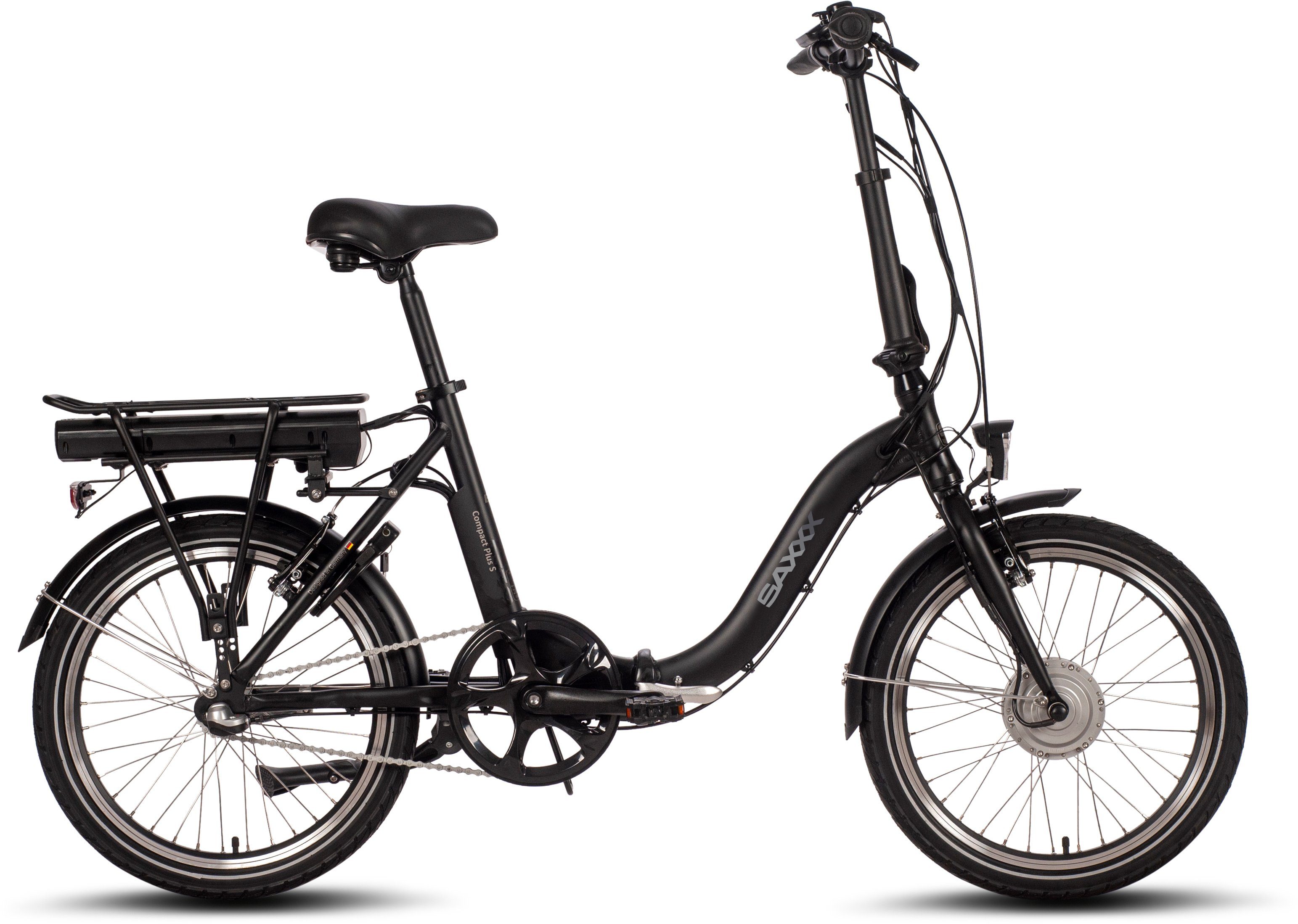 SAXXX E-Bike Compact Plus S, V-Brakes Rücktrittbremse Frontmotor, vorn hinten und Akku, sowie 3 Nabenschaltung, 374 PROMAX Wh Gang