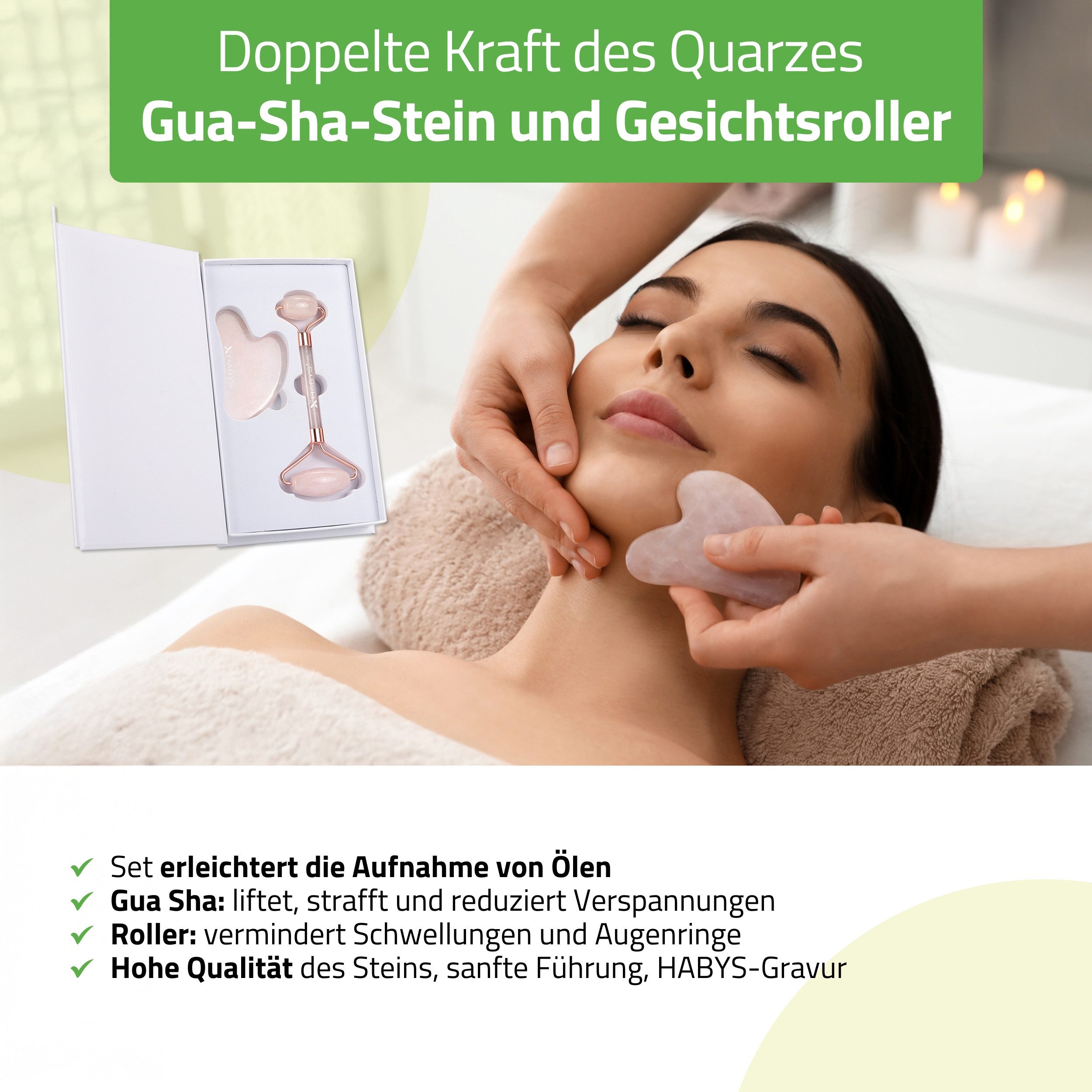 Habys Massageliege Gesichts-Massage-Set Rosenquarz Gua Sha + Roller + Mandelöl 100 ml