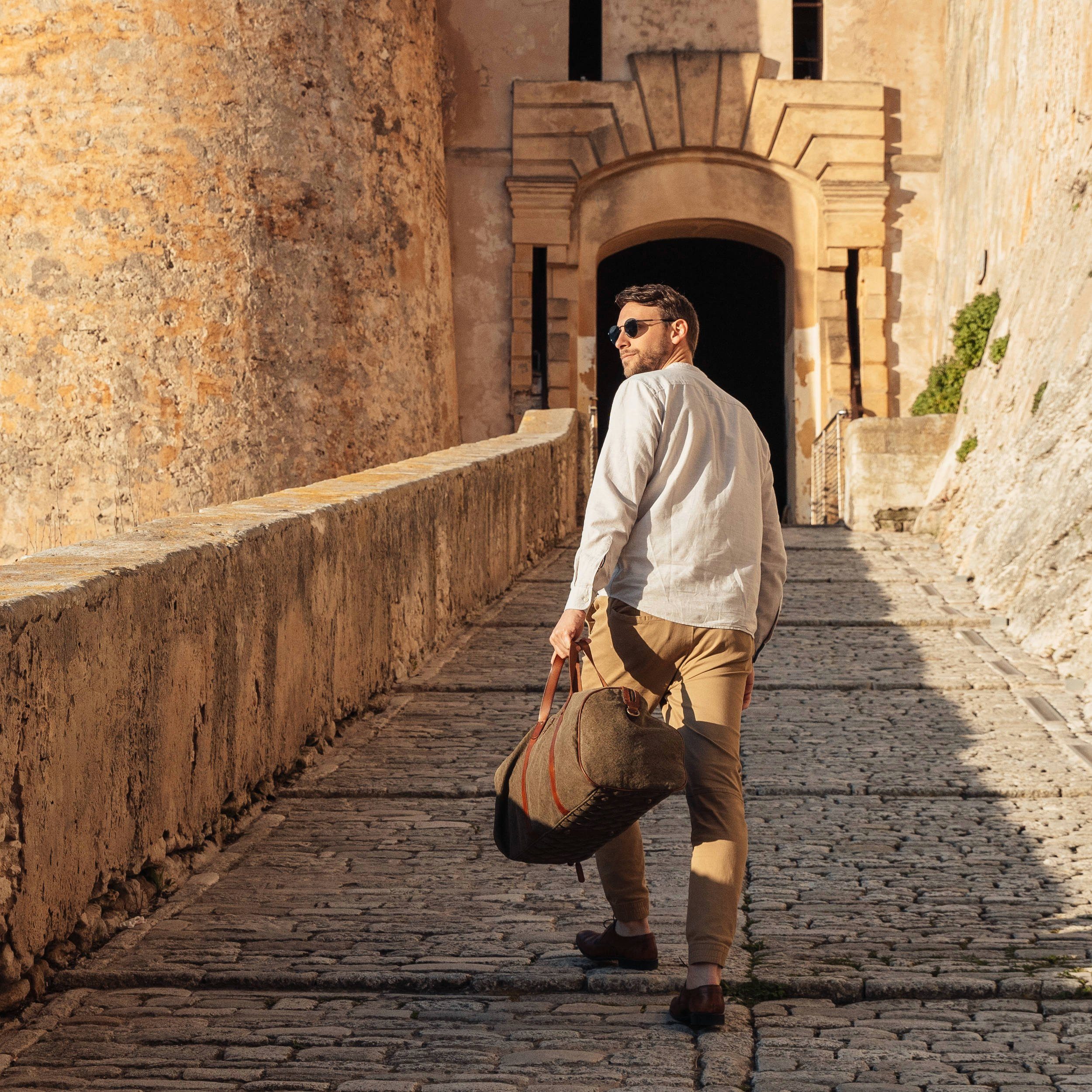 Schuhfach Sporttasche DRAKENSBERG Büffelleder mit Herren, und und Canvas Weekender Oliv-Grün, Reisetasche »Toby« Damen für