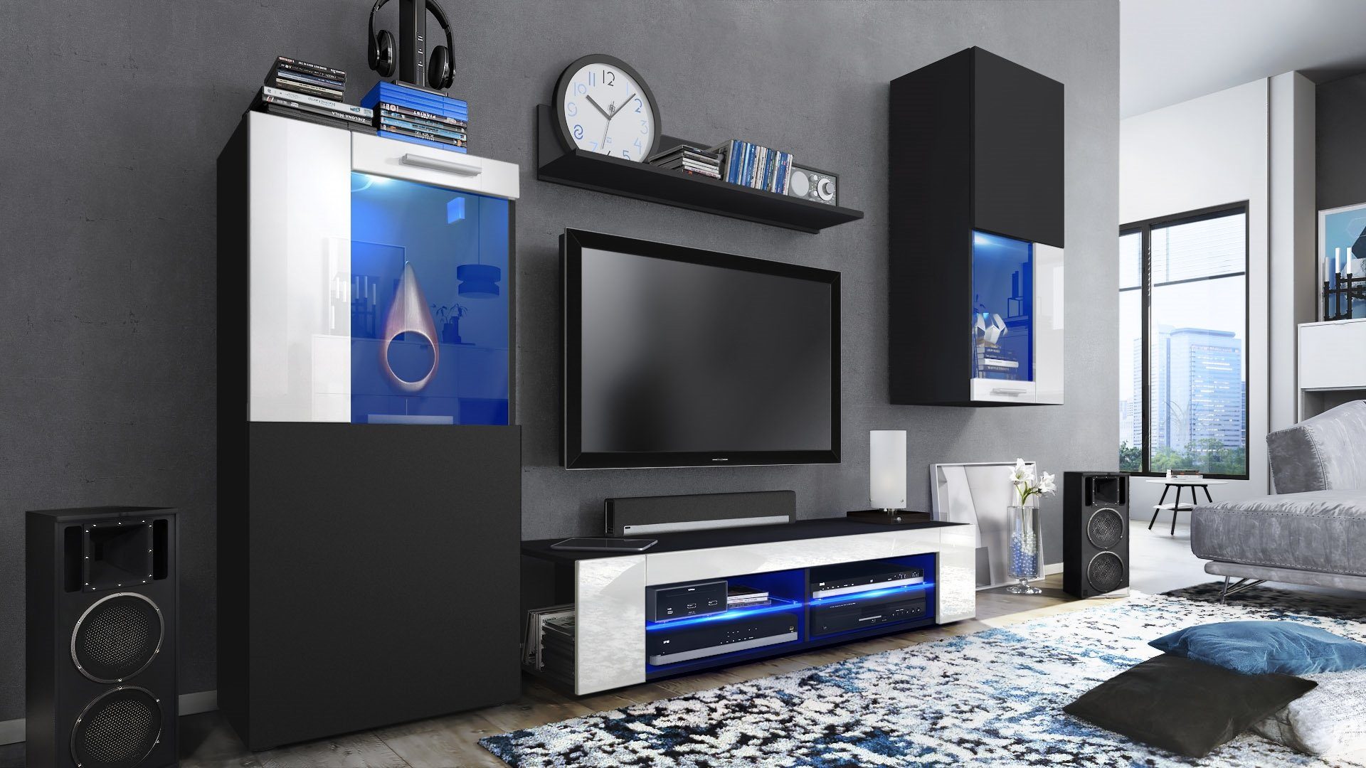Vladon Wohnwand Movie, (Anbauwand, bestehend aus 1 TV-Board, 2 Vitrinen und 1 Regal), Schwarz matt/Weiß glänzend mit Beleuchtung (300x190x39 cm)