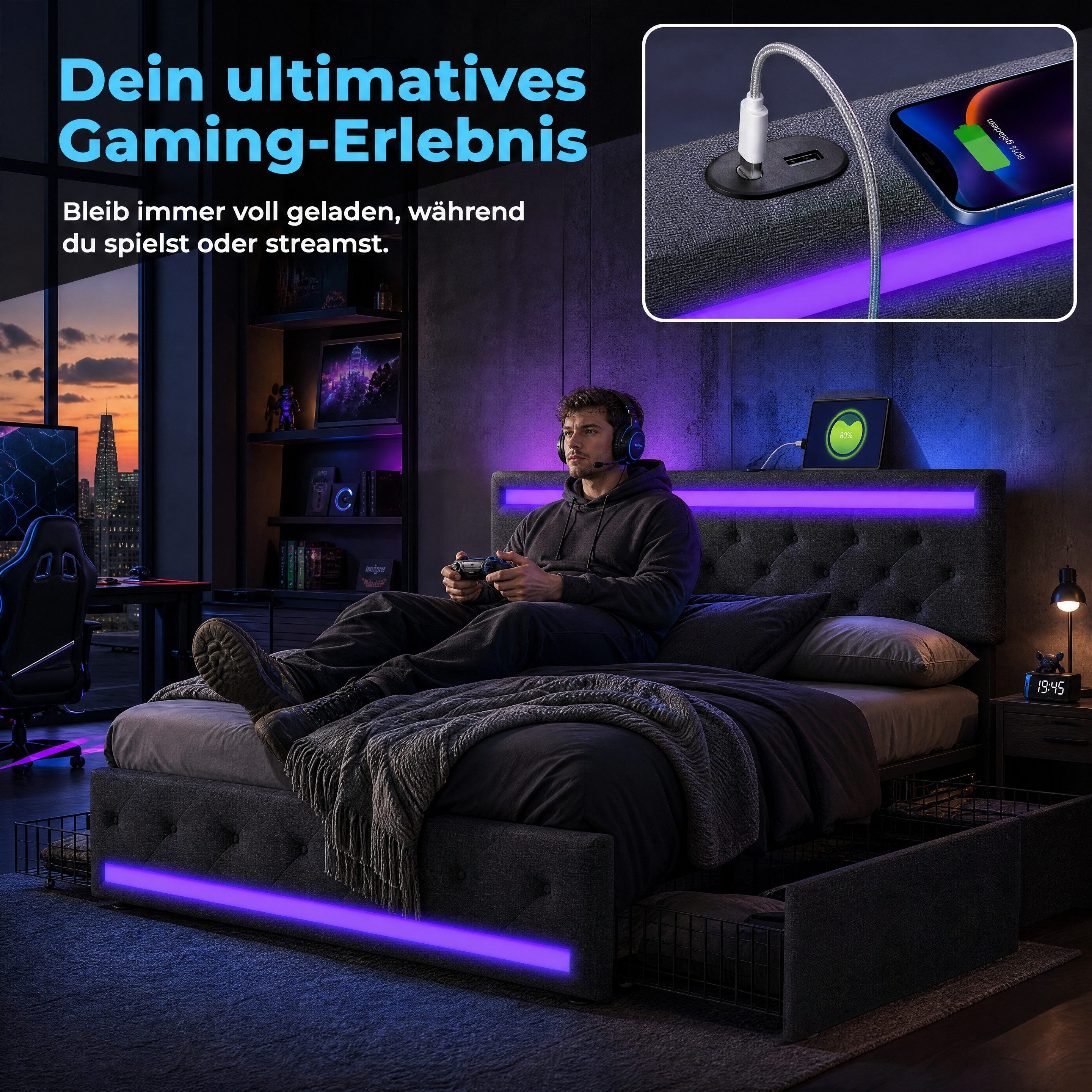 ADWOLT Stauraumbett Doppelbett Polsterbett mit Schubladen (Bettgestell, 1-tlg., 140x200 cm,Jugendbett Mit Kopfteil und Lattenrost,mit USB und Type-C), LED-Beleuchtung,Schubladen mit Rädern,Leinenmaterial,Grau