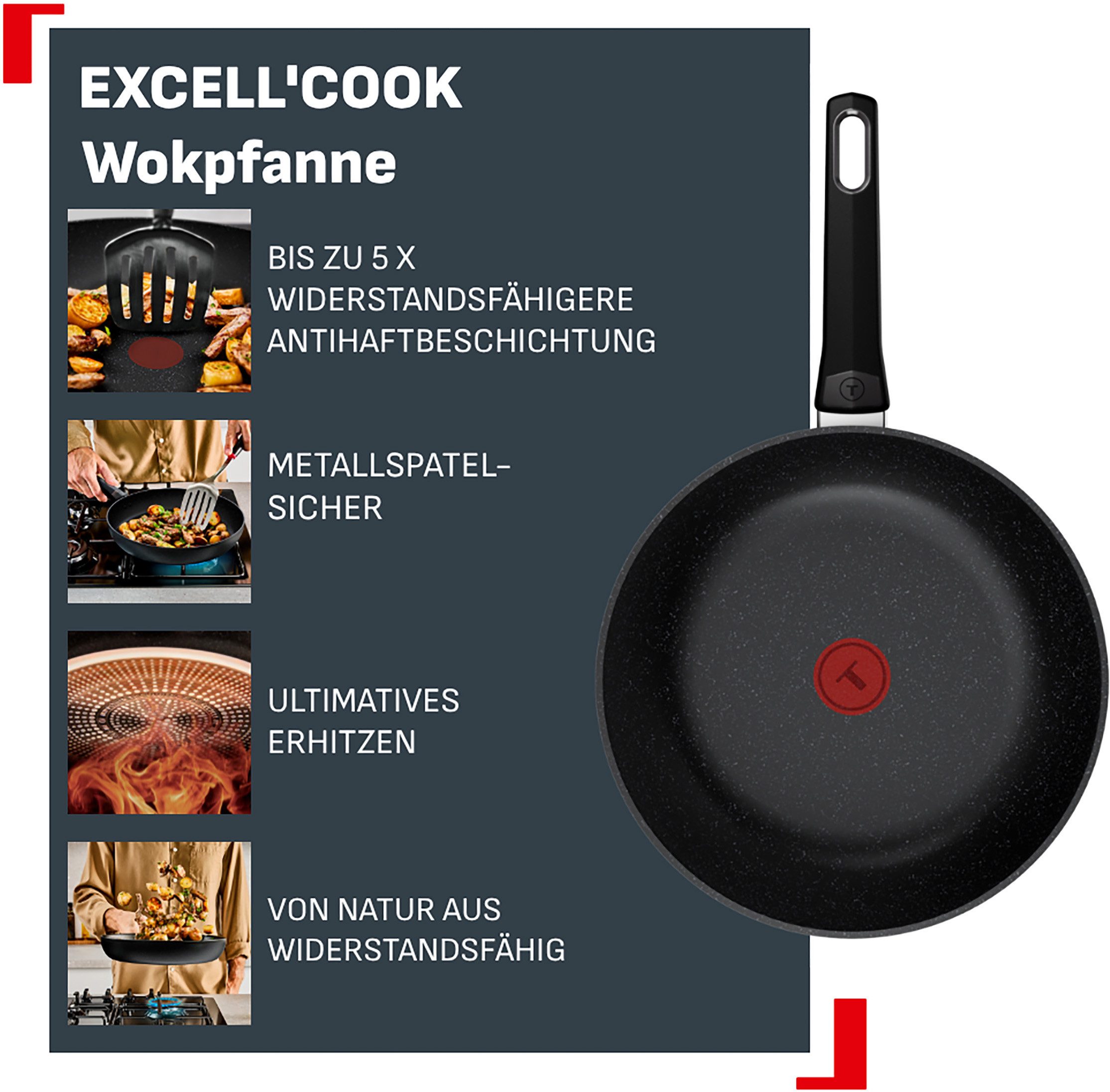 Tefal Wok Excell'Cook, Aluminium (1-tlg), leistungsstarke Antihaftbeschichtung, Induktion, metallspatelsicher