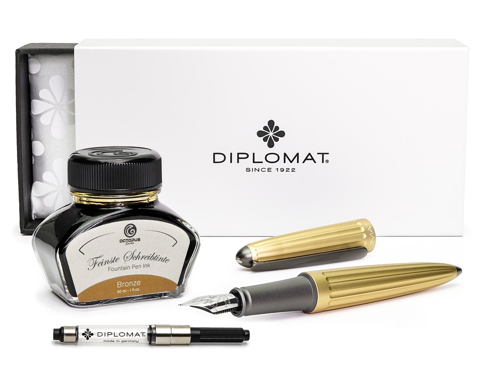 DIPLOMAT Füllhalter Tintenkonverter IN MADE Schreibtinte, mit champagner mit Octopus GERMANY Fluids), (Spar-Set und Schreibtinte Aero Bronze von