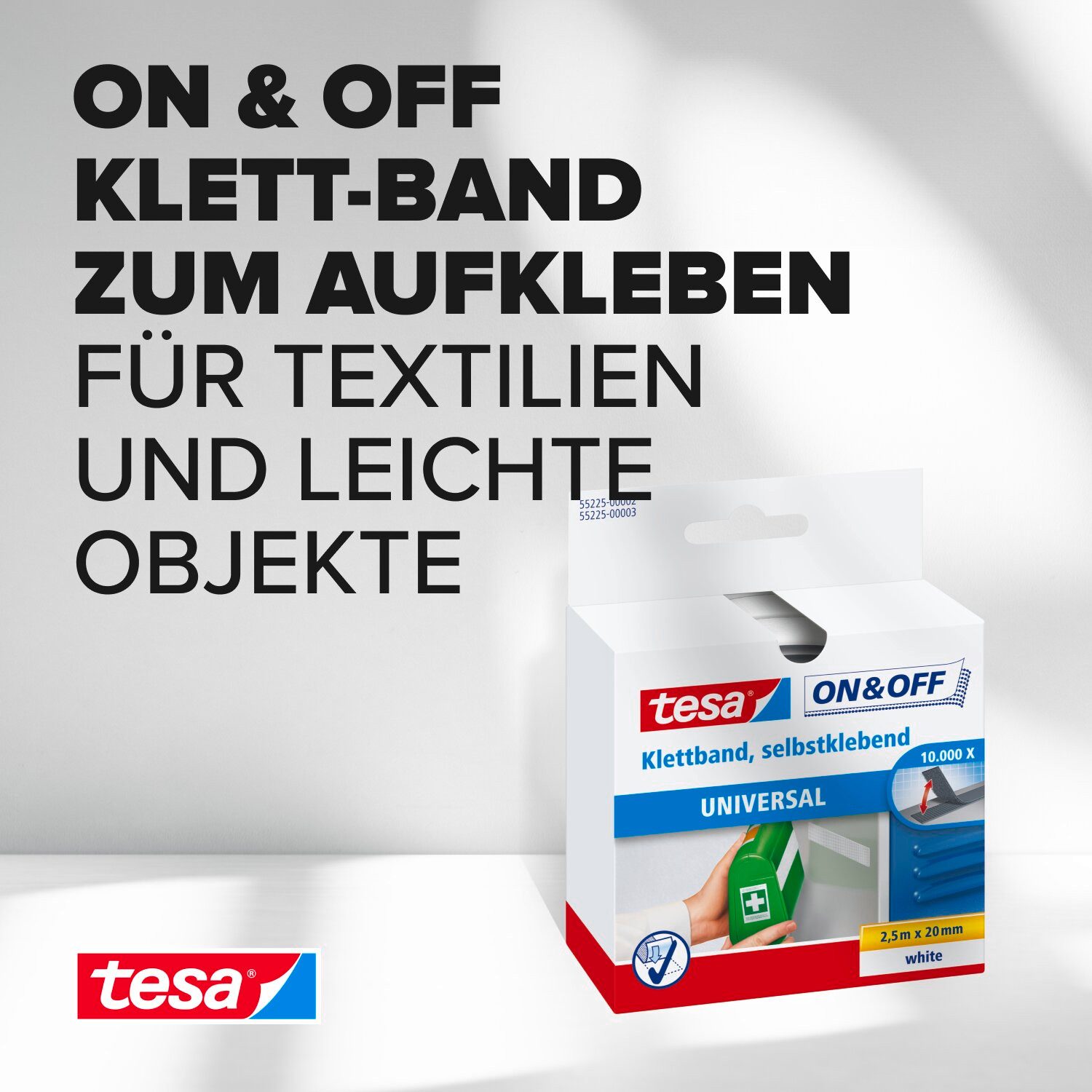 tesa Klett-Klebeband ON & OFF Extra Strong Klettband (Packung, 1-St) selbstklebendes Klettband - extra stark - weiß - 2,5 m : 20 mm