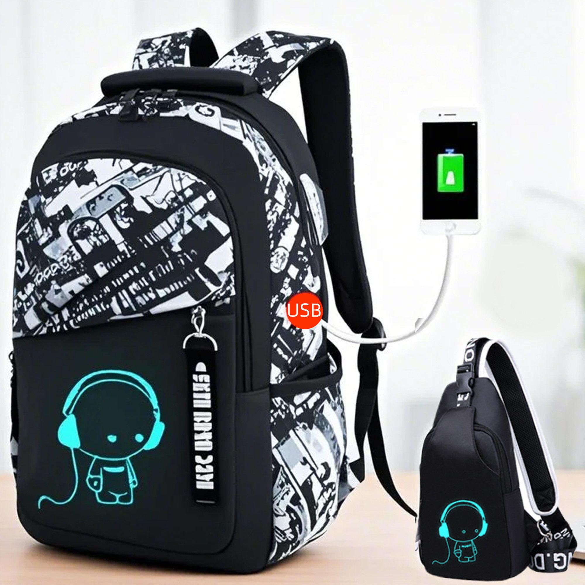 YINDN Schulrucksack Laptoprucksack, Schulrucksäcke, Schultasche mit (Laptopfach, Rucksack-Set, Anime Leuchtender, Jungen Rucksack mit Umhängetasche, für Mädchen, Teenager, USB)