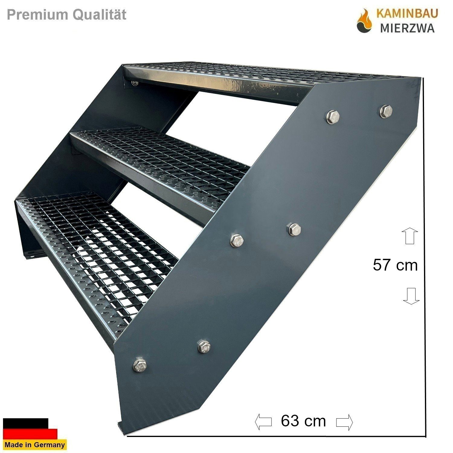 Kaminbau Mierzwa Außentreppe Premium Treppe Komplett Anthrazit Höhe Verstellbar, für Geschosshöhen bis 57 cm, Stufen Gitterroststufen nach DIN 24531, (Höhe 57 cm, Breite wählbar aus 60, 80, 100, 120, 140 cm), Gartentreppe Stahltreppe Wetterfest Rostfrei Feuer-Verzinkt Rutschfest