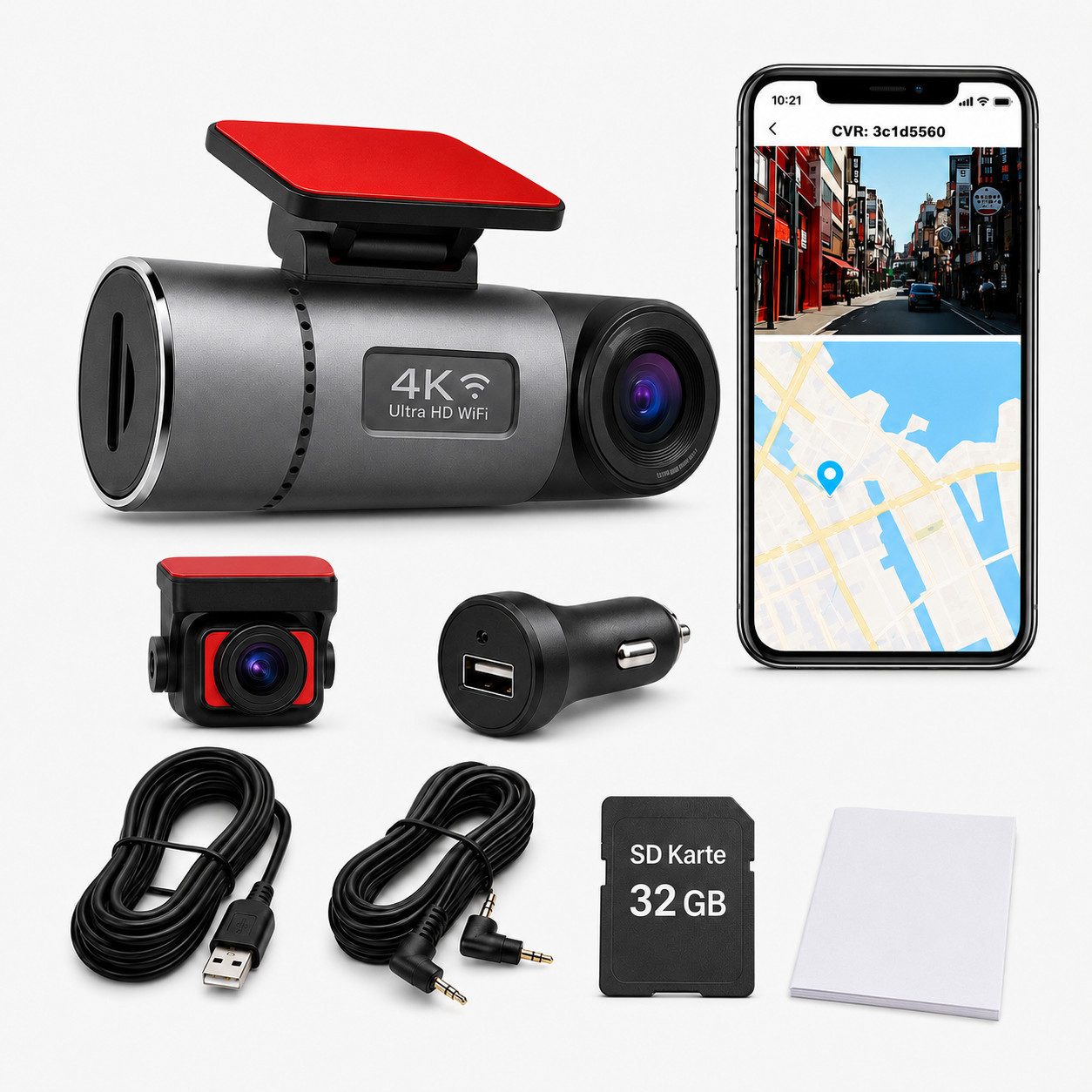 Goldstern-Tech Camcorder (4K Ultra HD, WLAN (Wi-Fi), Dual-Dashcam Set – HD-Aufnahmen vorne & hinten, WLAN & GPS mit Nachtsicht, Parküberwachung & 32 GB SD-Karte)