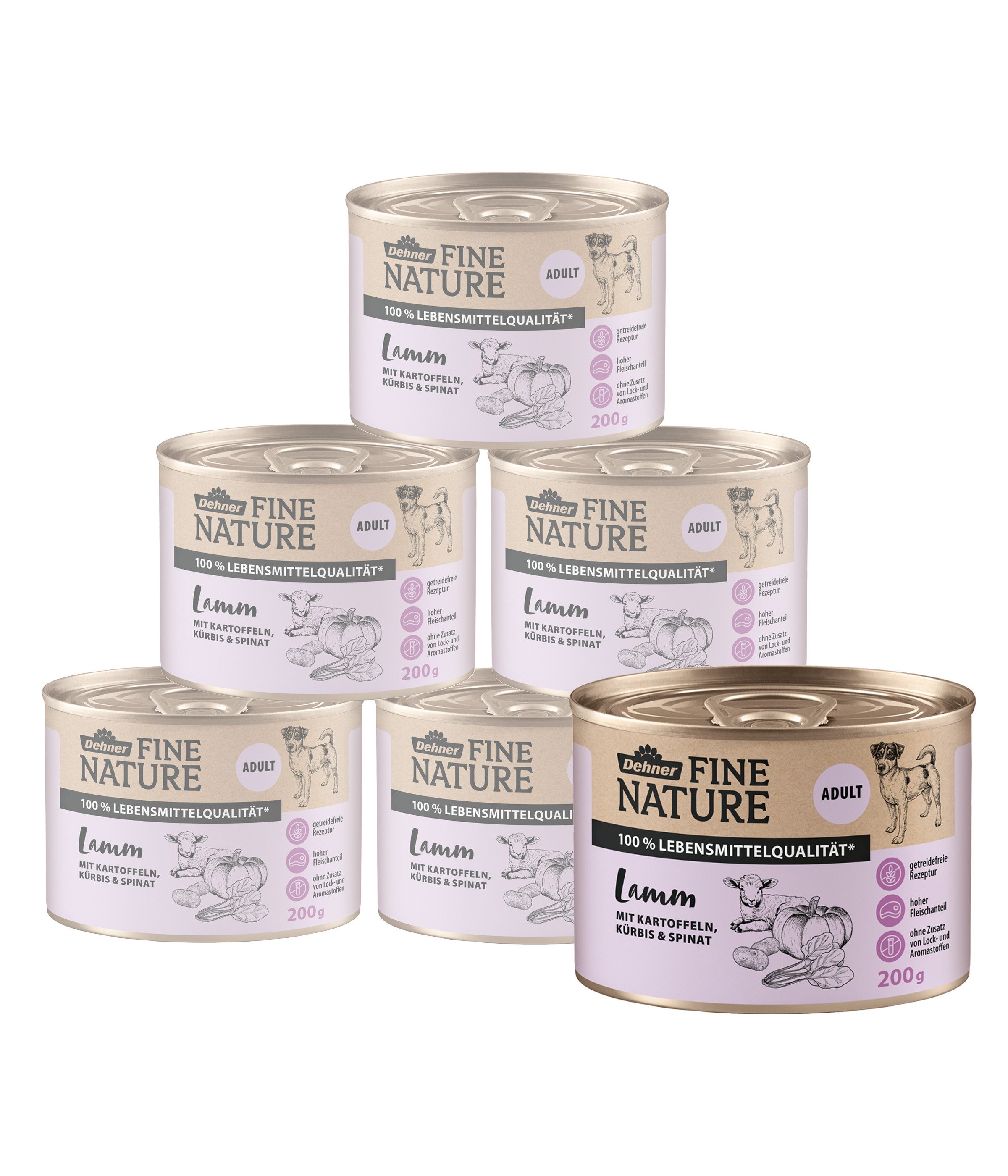 Dehner Fine Nature Adult Lamm / Kürbis, 6 x 200 / 400 / 800 g Dose Lamm, 1200g, Nassfutter für ausgewachsene Hunde