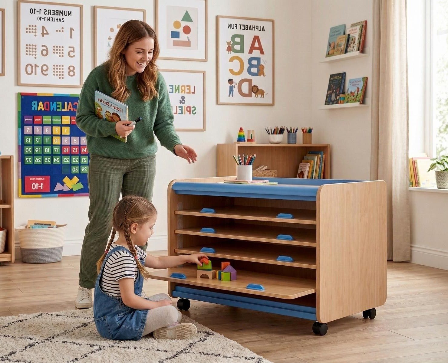 Xlmoebel Aktenschrank Blauer Kinder-Aufbewahrungsschrank mit Rollen und 4 Fächern (Kinder-Aufbewahrungsschrank, 4 Fächer) Made in Europa