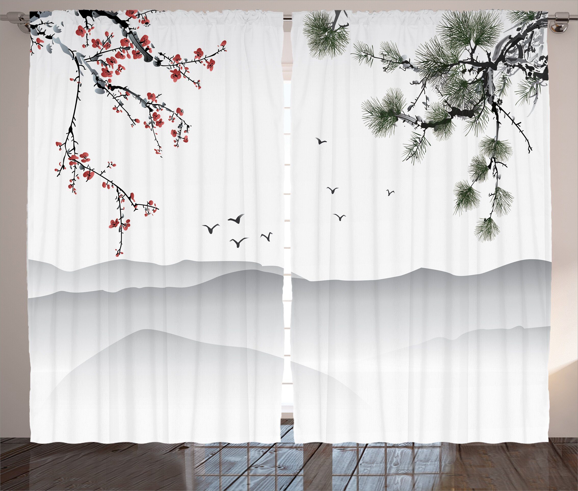 Gardine Schlafzimmer Kräuselband Vorhang mit Schlaufen und Haken, Abakuhaus, Blumen Chinesisch-Art-Grafik