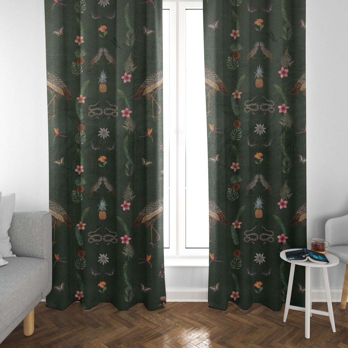 SCHÖNER LEBEN. Vorhang SCHÖNER LEBEN. Vorhang Samt Tropical Vögel Blumen grün bunt 245cm, Smokband, blickdicht, Samt, handmade