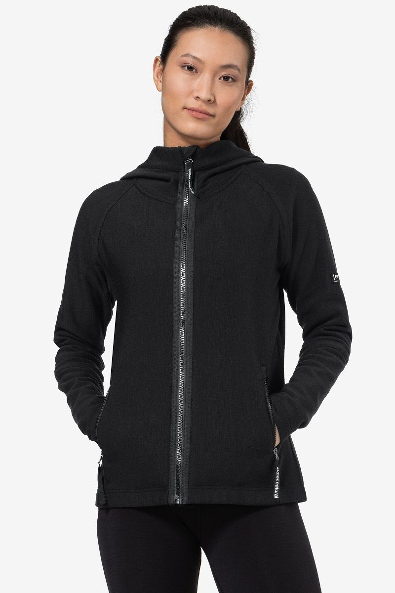 SUPER.NATURAL Hoodie Merino Hoodie mit Reißverschluß funktioneller Merino-Materialmix Jet Black