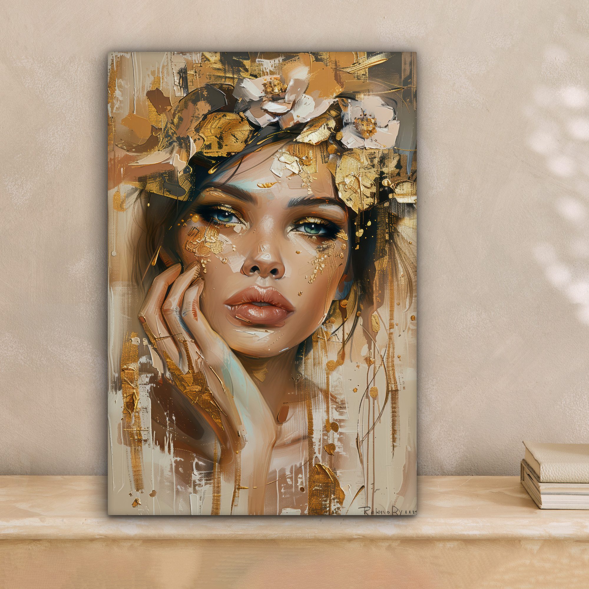 OneMillionCanvasses® Leinwandbild Frau - Blumen - Gold - Porträt, Fotodruck günstig online kaufen
