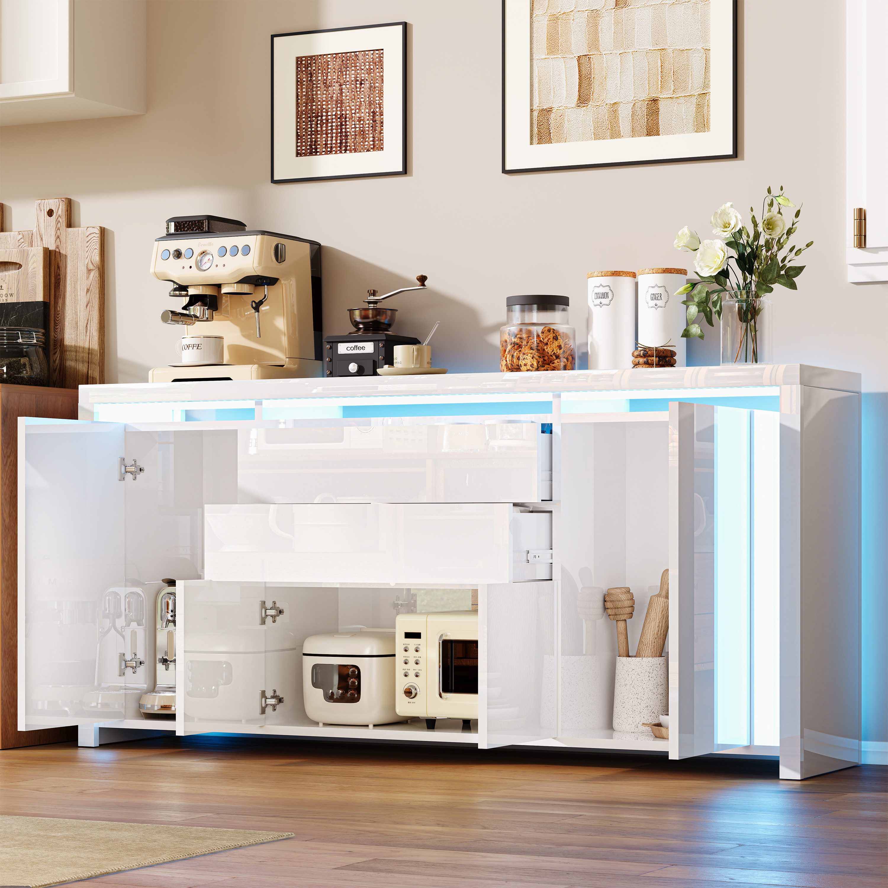 Furnishings Home Sideboard Mehrzweckschrank LED Hochglanz Buffetschrank, Breite 160 cm (1 St., Beistellschrank mit 4 Fächern und 2 Schubladen), Hochglanz mit LED inkl. Push-to-open-Funktion