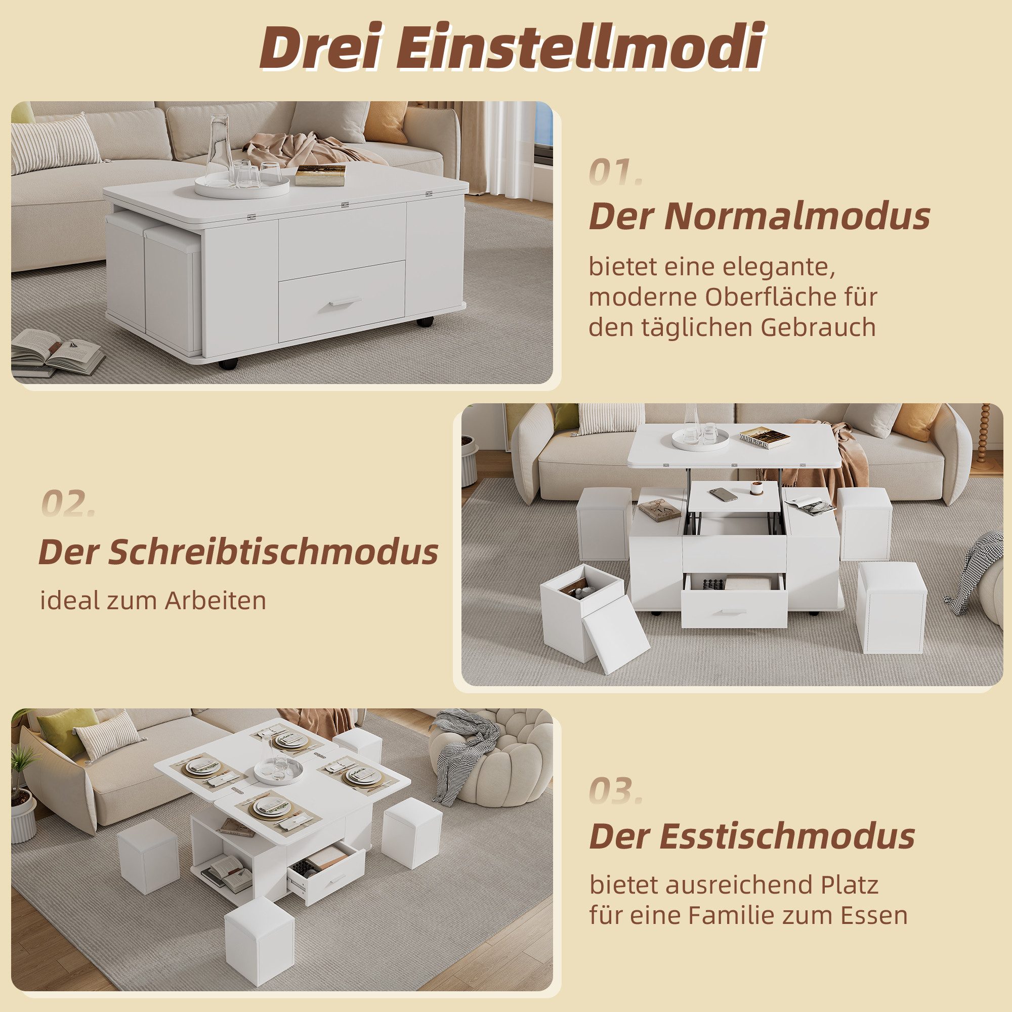 Merax Couchtisch 4-in-1 höhenverstellbarer Sofatisch mit ausklappbarer Tischplatte (1-St., wandelbar vom Sofatisch zum Esstisch), Wohnzimmertisch mit Schublade, – Bild 5 von 5