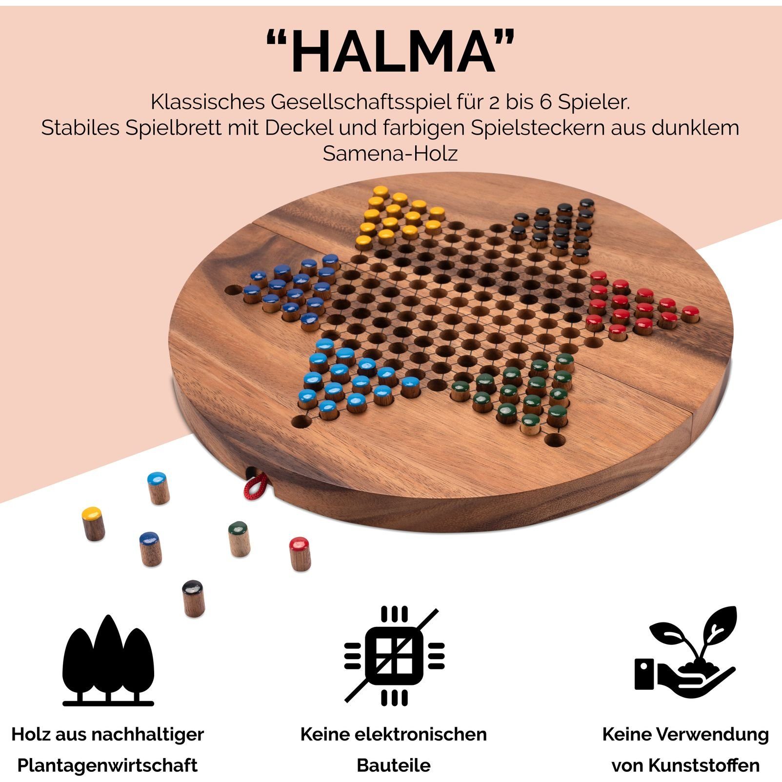 2 6 - Spieler Holzspiele Gr. für 15 Spielfeld - XL Logoplay Halma Holzspielzeug 6 cm bis x Spielstecker 31 rund Spiel,