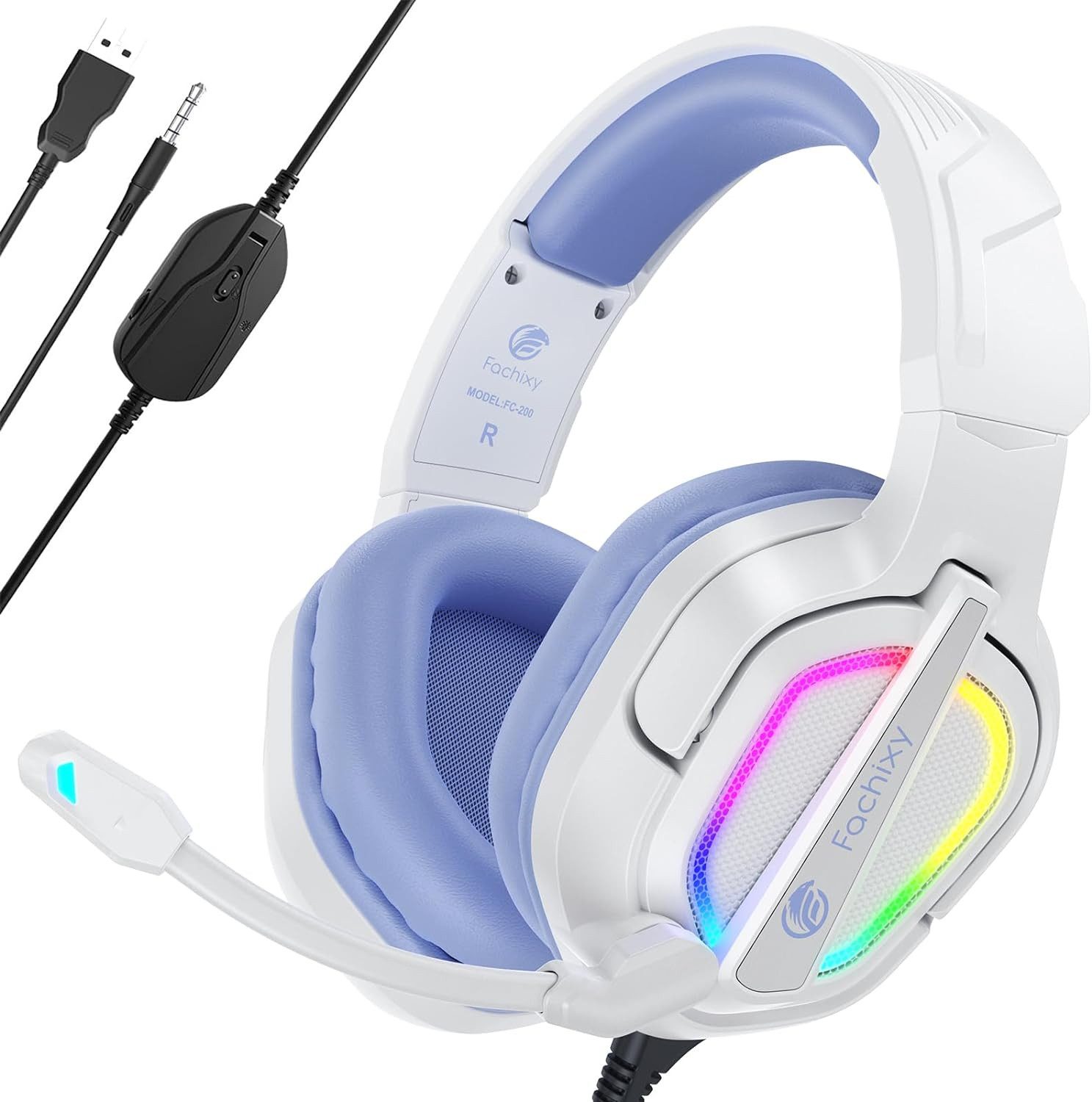 Fachixy FC200 für PS4/PS5/PC/Xbox/Switch, Geräuschunterdrückung Gaming-Headset (Computer-Headset mit 3,5mm Stecker und RGB-Beleuchtung)