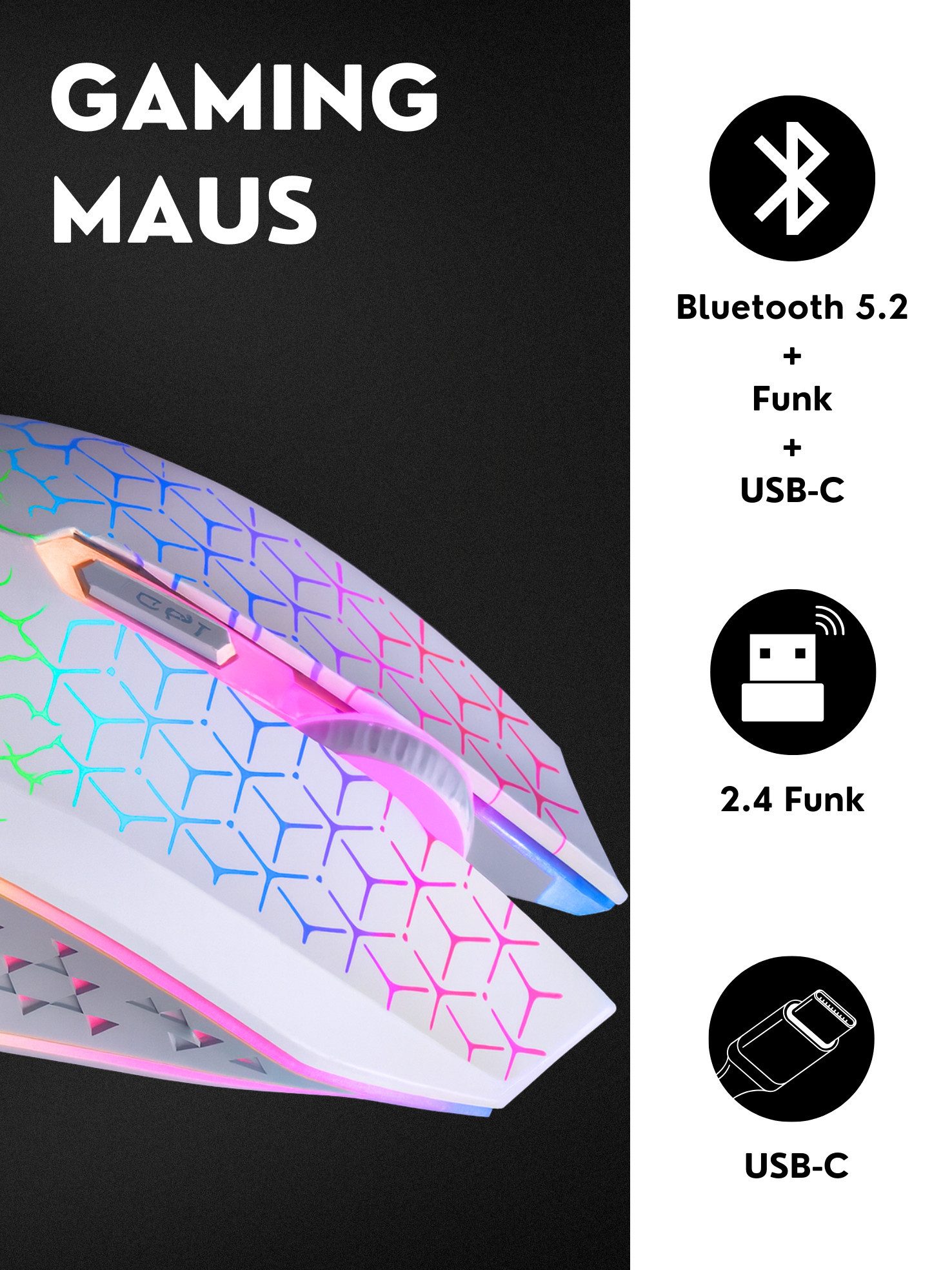 S&T Design RGB Gaming Maus Kabellos Wireless Leise Funk Bluetooth Maus (Funk, Bluetooth, kabelgebunden, 1600 dpi, USB-C Aufladbar Ergonomische Optische Maus für PC/Macbook/Laptop)