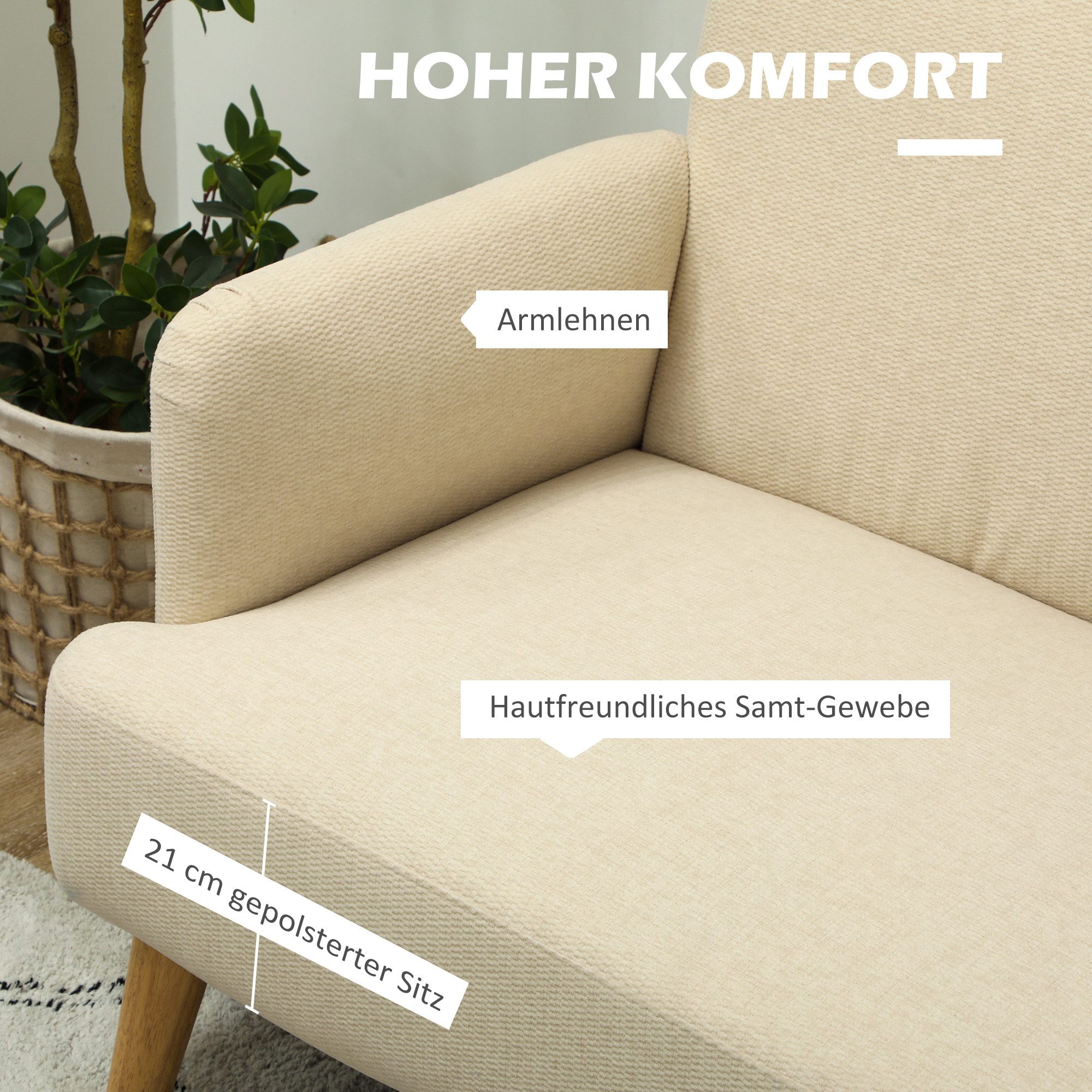 HOMCOM 2-Sitzer Sofa, Kleine Couch mit Samtoptik, Holzbeine, Küchensofa 1 Teile, für Wohnzimmer, Schlafzimmer, 130 x 74 x 79 cm, Cremeweiß
