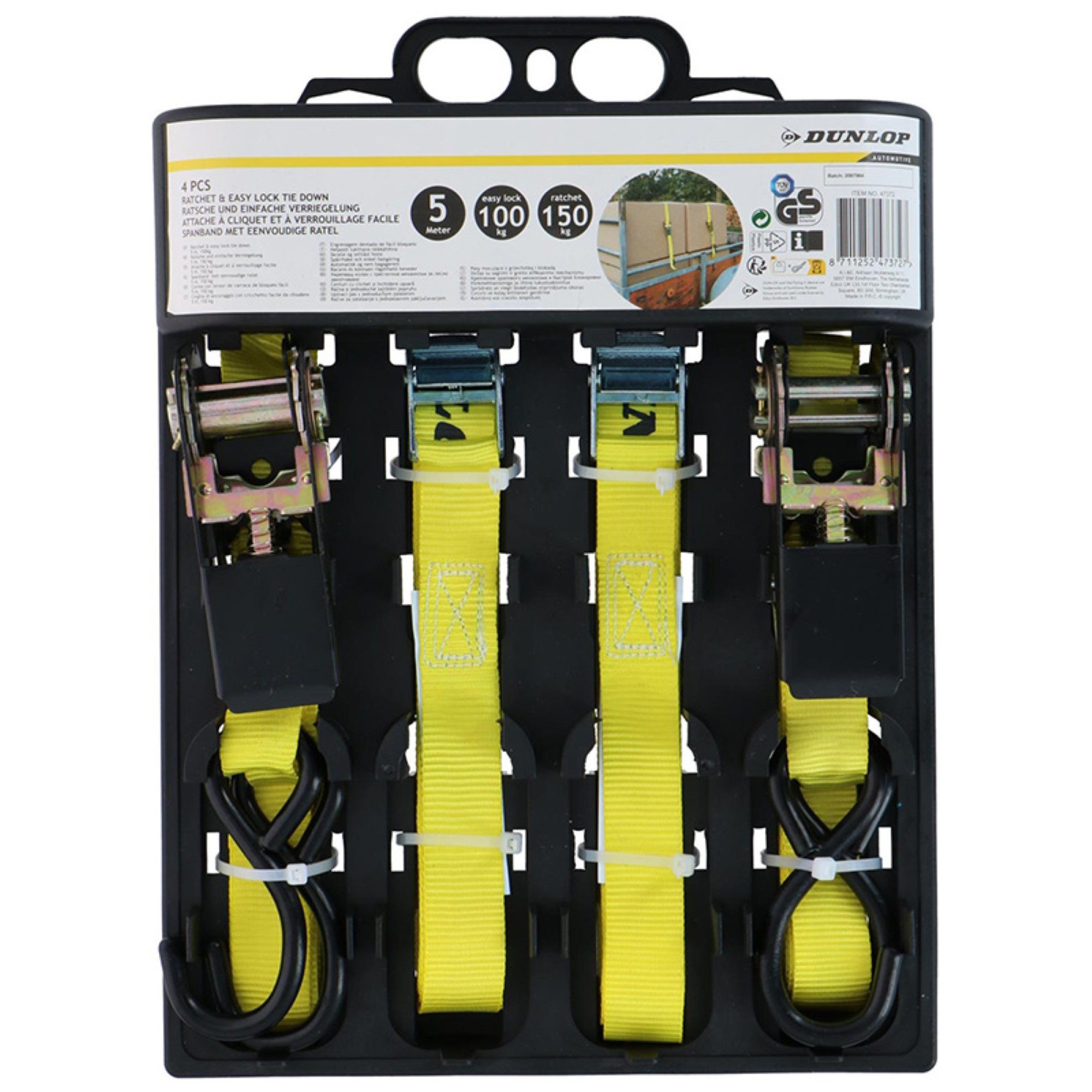 Dunlop Trageriemen Transportriemen mit Spanner 4 Stk. 5m / 150 kg Spanngurte in Gelb, (4-tlg)