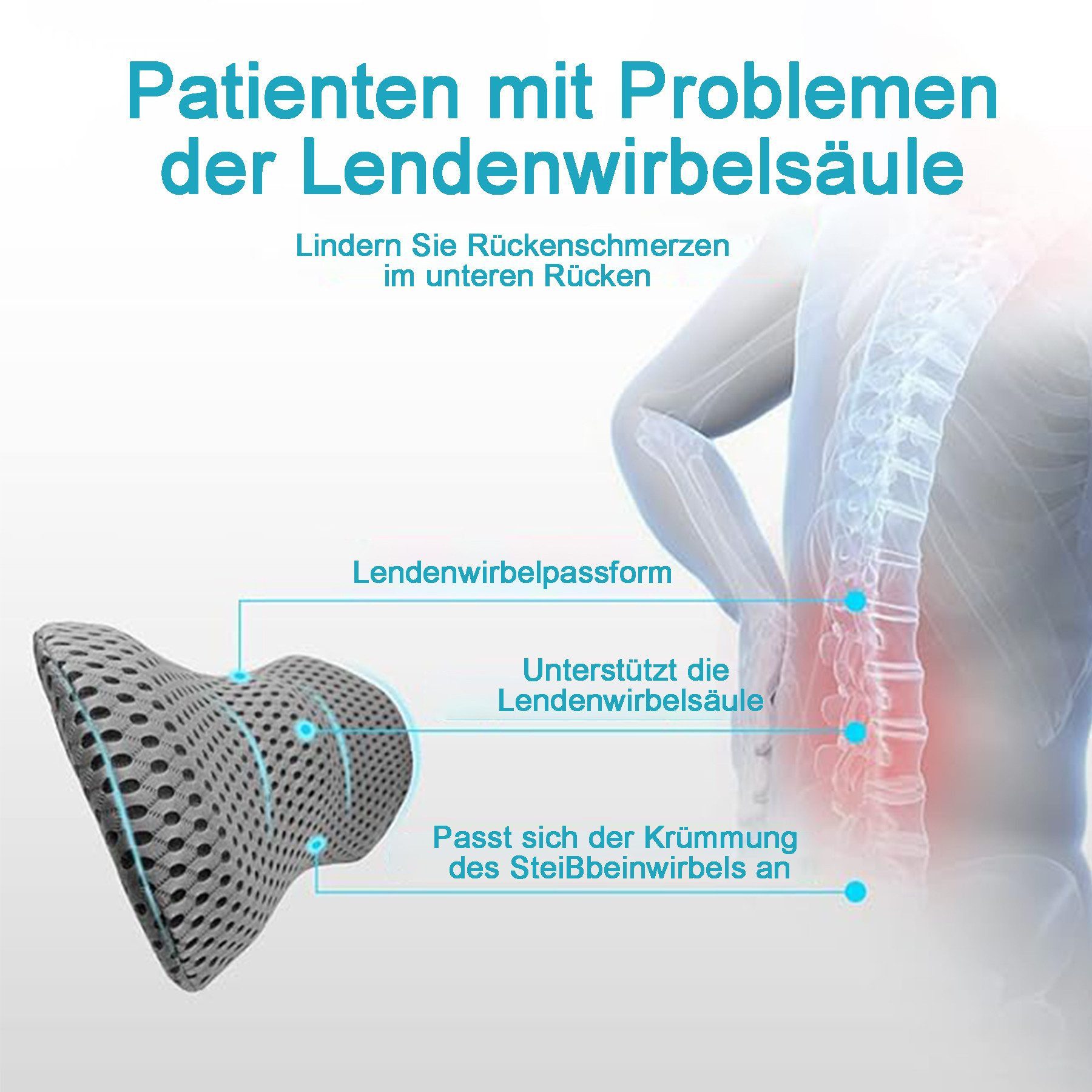 Mutig Rückenkissen Lendenkissen ergonomisches Rückenkissen Memory Foam, Lendenwirbelkissen zur Druckentlastung, orthopädisches Rückenstützkissen für unteren Rücken, Rückenpolster für Bürostuhl Autositz Bett Stuhl