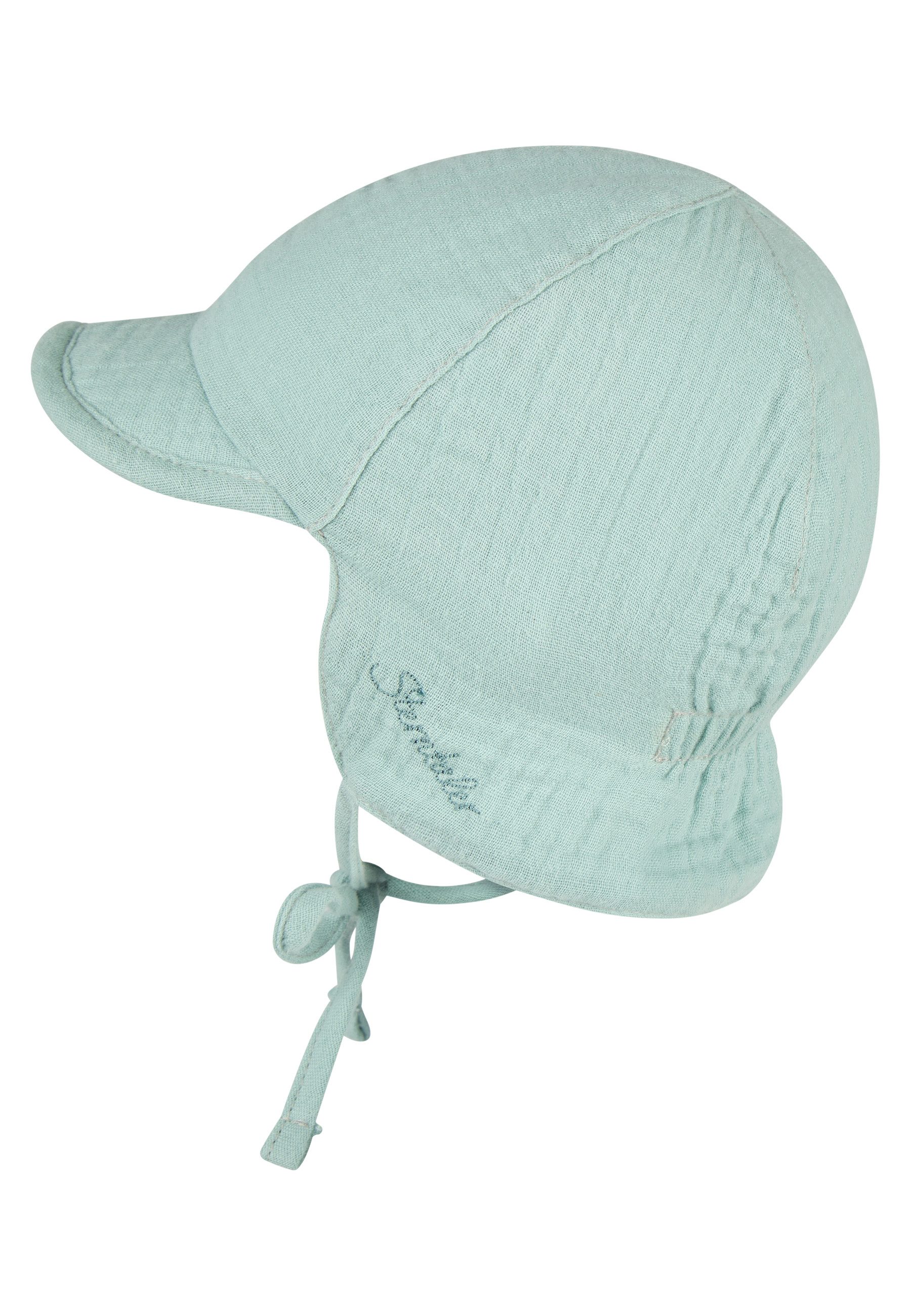 Sterntaler® Schirmmütze 50 Wende-Schirmmütze Musselin (1-St) Musselin Wendemütze mit Nackenschutz, Bindeband, Ohrenklappen u. UV-50