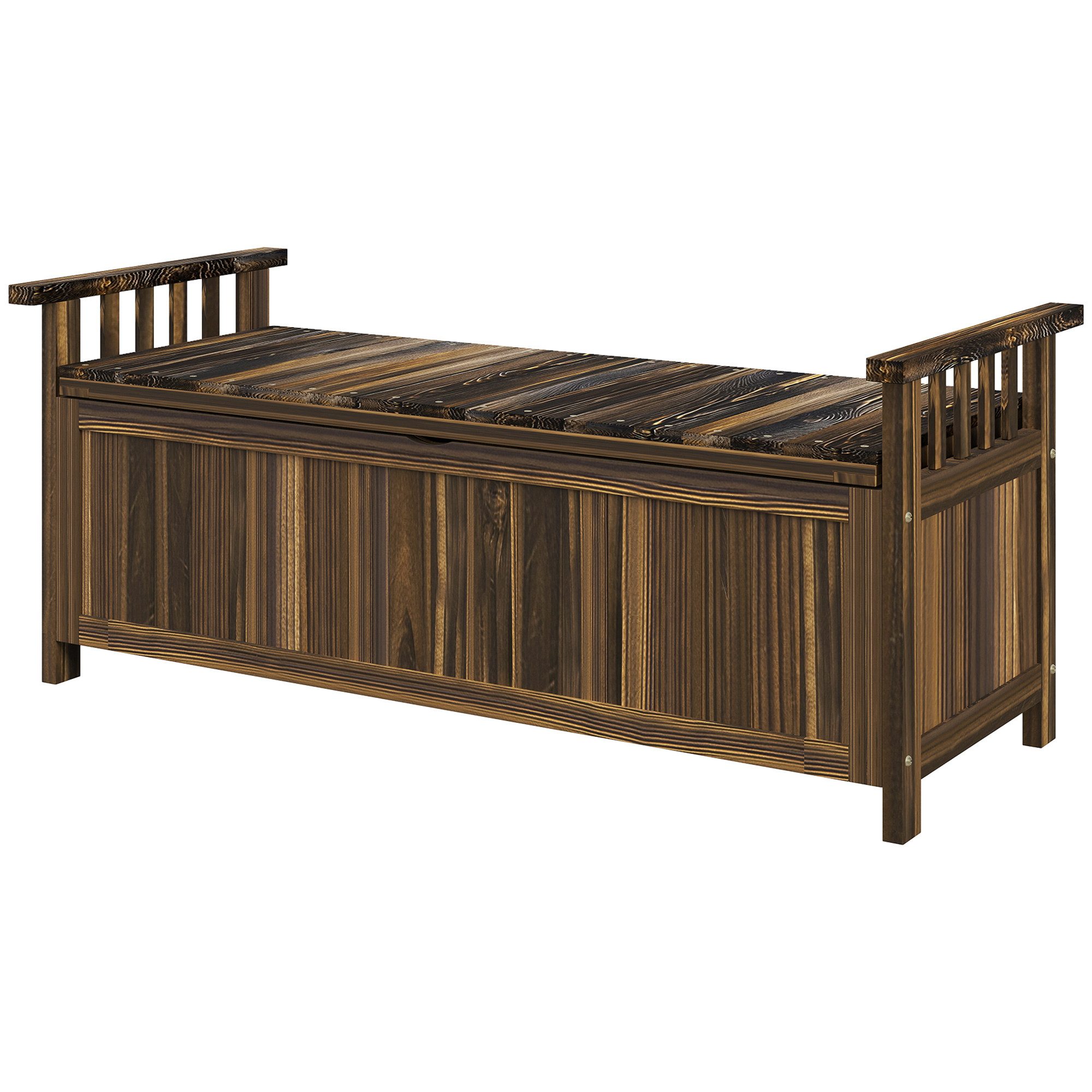 Outsunny Bank mit Stauraum, Armlehnen, 240kg belastbar (Gartenbank aus Holz, 1-St., 2-Sitzer Holzbank), für Balkon Terrasse, Garten, 128,5 x 56 x 53,5cm, Verkohlt