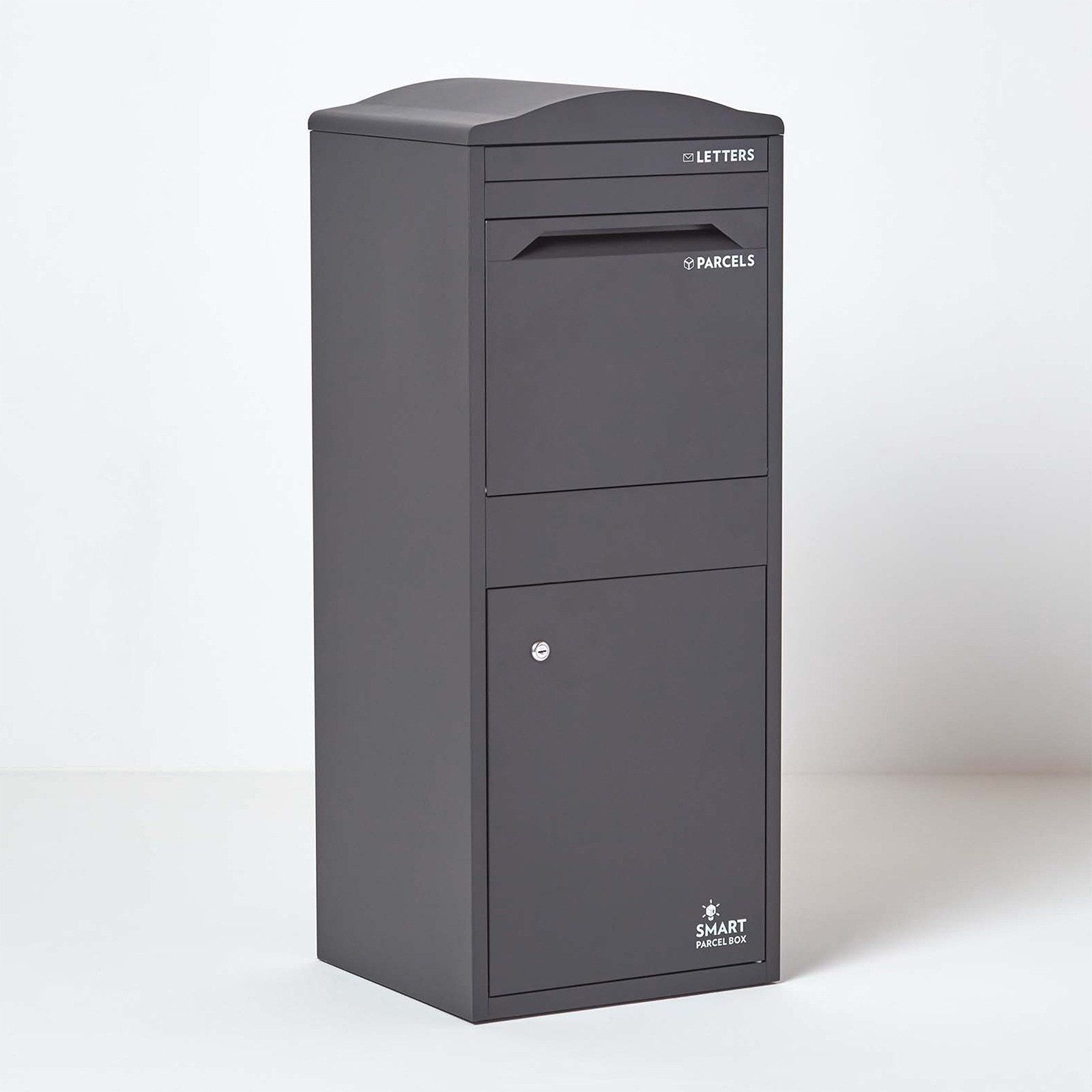 Smart Parcel Box Paketbriefkasten Großer Paketbriefkasten mit gebogenem Dach, Entnahme vorne, grau