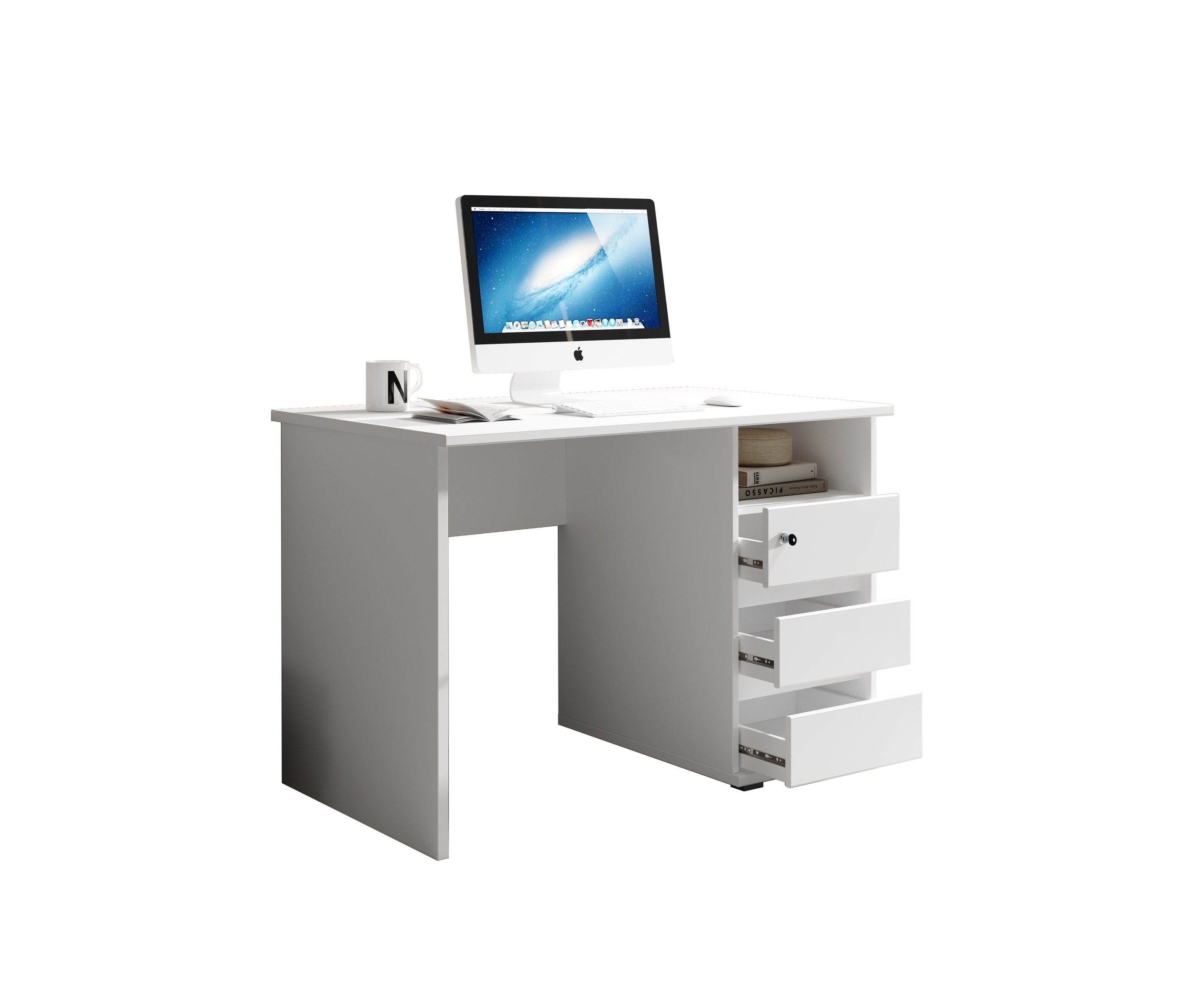 PREISBRECHER Schreibtisch Flinn, Abmessungen matt mit Schubladen. 3 110x75x65 in cm Weiß (BxHxT)