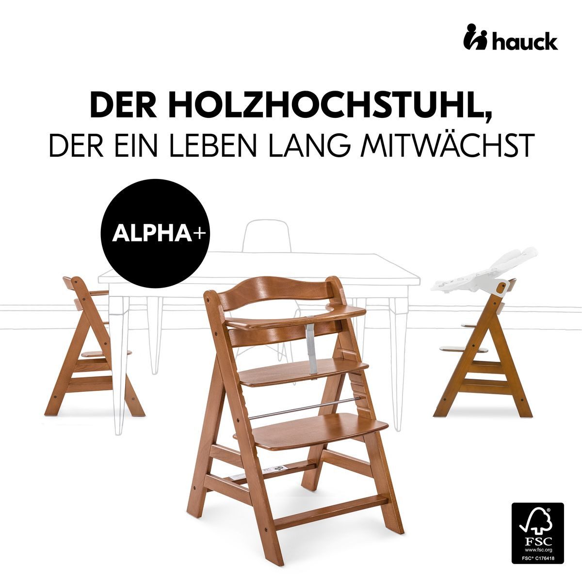 Hauck Hochstuhl Alpha Plus Newborn Set - Walnut, Holz Babyhochstuhl ab Geburt inkl. Neugeborenen Aufsatz & Sitzpolster