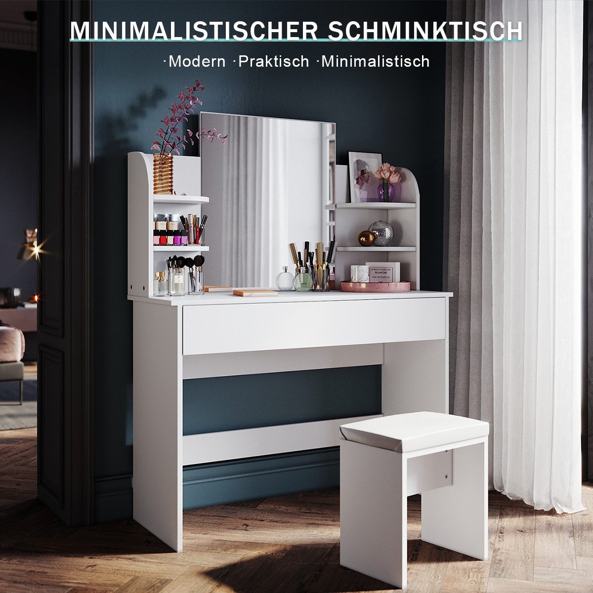 SONNI Schminktisch Schminktisch mit LED-Beleuchtung weiß, Frisiertisch, Dicke: 15 cm Brett Frisiertisch mit Spiegel 108x140x40cm