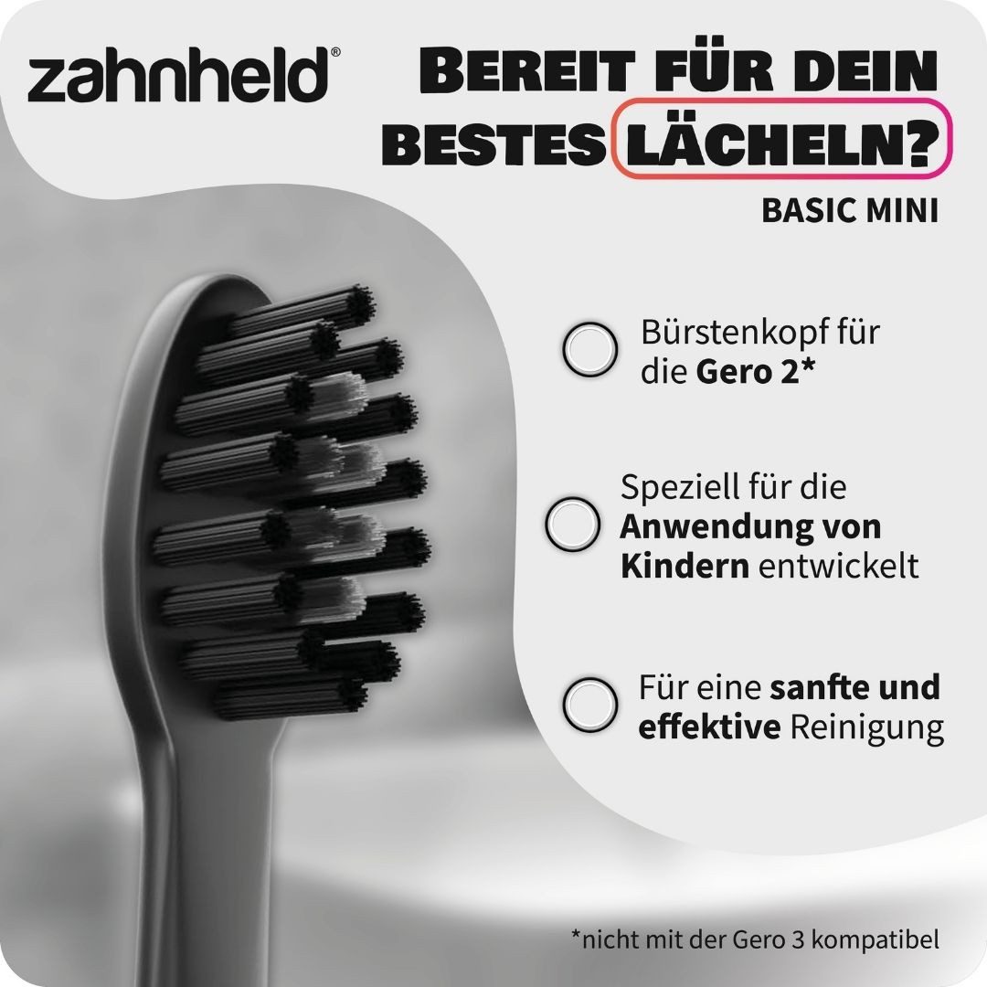 Zahnheld Aufsteckbürsten Ersatzbürsten Basic Mini für Kinder - ideal für Schallzahnbürste Gero, im 3er, 6er oder 9er Set, Zahnpflege Set, schmale Wechselköpfe, plastikfrei verpackt, 3 Stück, schwarz